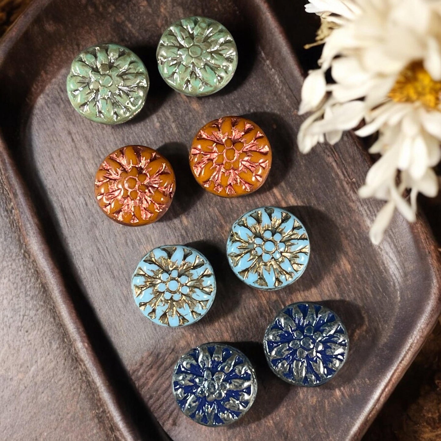 Czech Glass Bead Assortment - 14mm Dahlia Flower Beads - Pairs for Earrings, Flower Assortment (DM-2) * Qty. 8