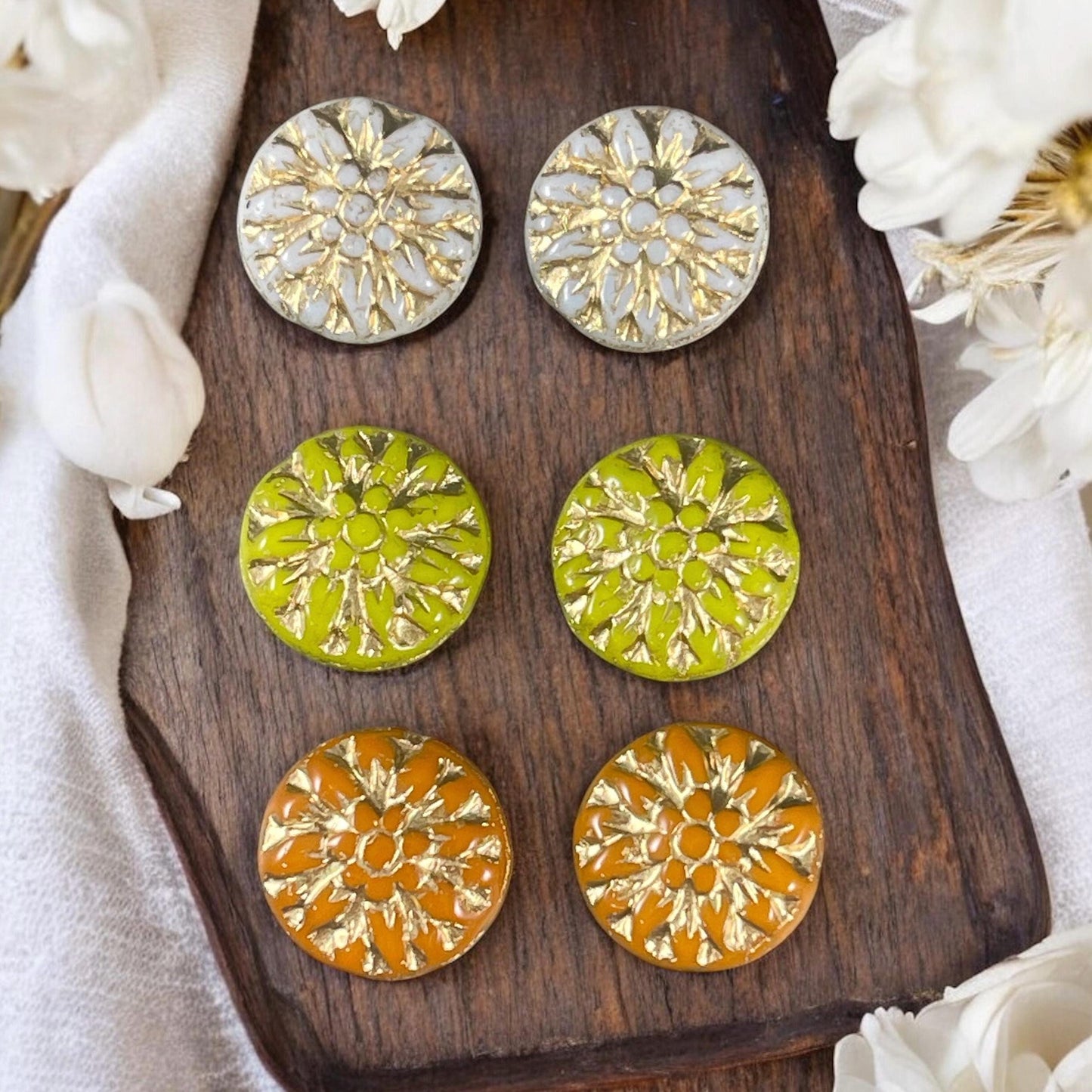 Czech Glass Bead Assortment - 14mm Dahlia Flower Beads - Pairs for Earrings, Flower Assortment (DM-3) * Qty. 6