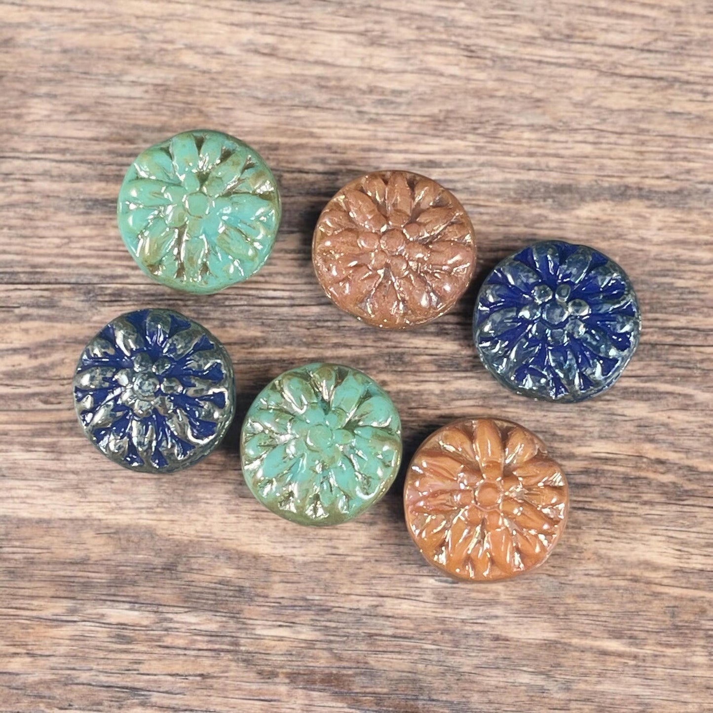 Czech Glass Bead Assortment - 14mm Dahlia Flower Beads - Pairs for Earrings, Flower Assortment (DM-7) * Qty. 6