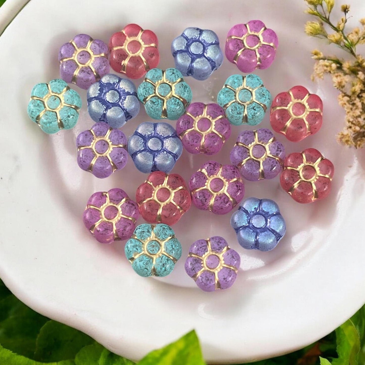 Czech Glass Flower Beads - 8.5mm Flower Coin Beads, Assortment of Colors * Qty. 20