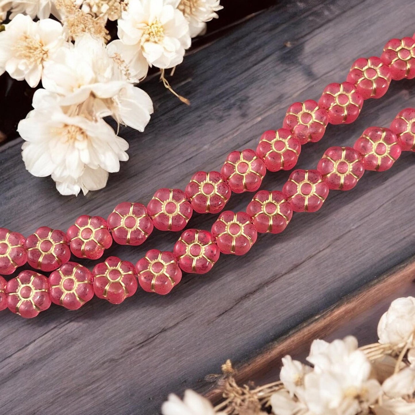 Czech Glass Flower Beads - 8.5mm Watermelon Red Flower Bead, Light Red with Gold Wash * Qty. 16