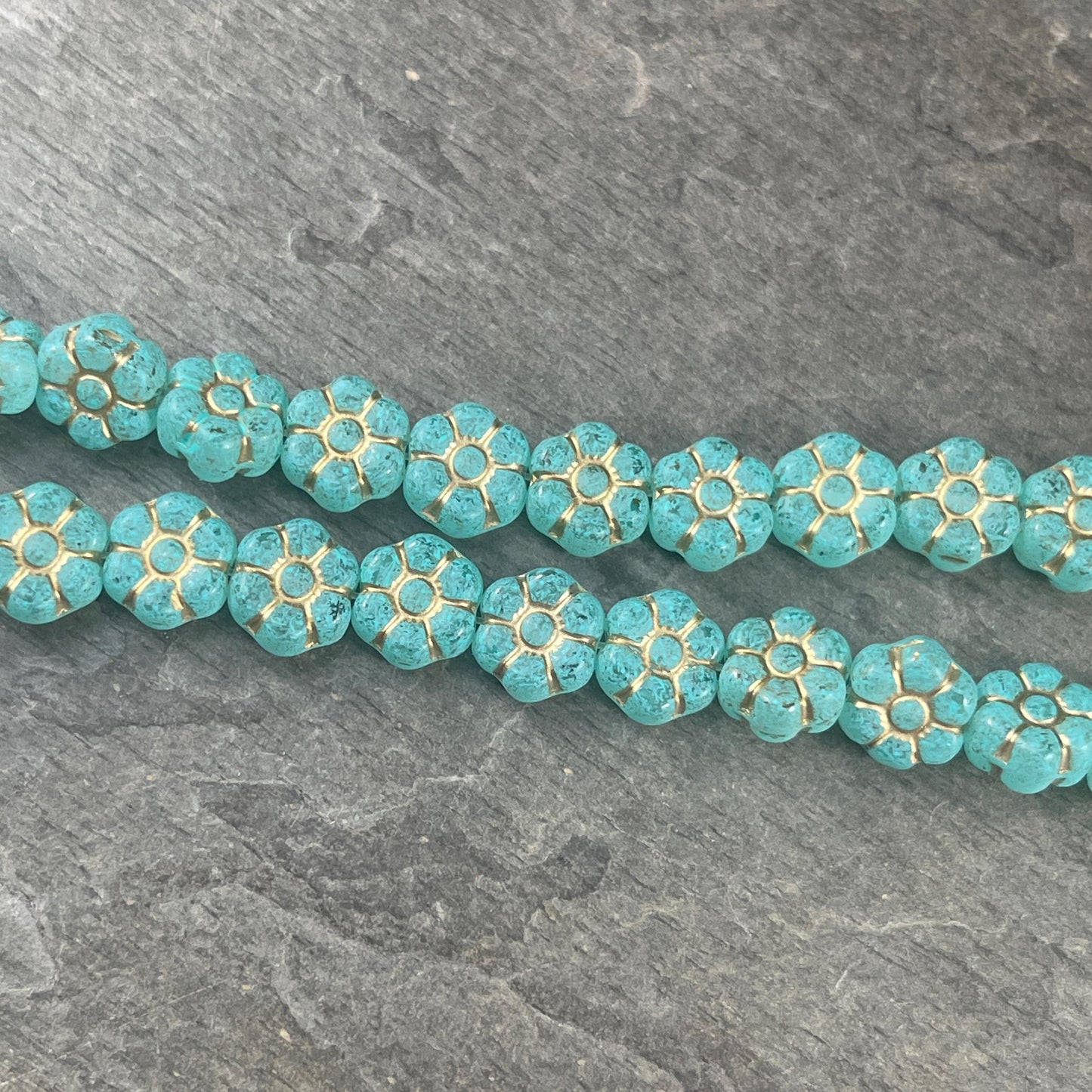 Czech Glass Beads - 8.5mm Aqua Green Flower with Gold Wash (PTB3) * Qty. 16