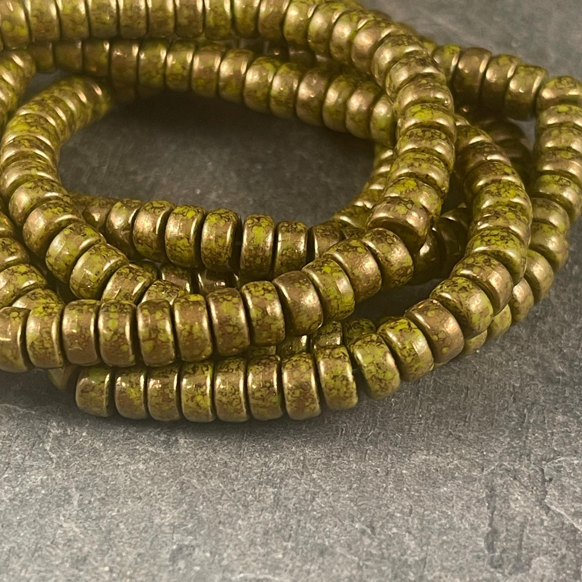 6mm Olive Green Heishi Rondelle, Czech Glass Beads, Olive Green with Bronze Picasso Finish (HSH/N-0583) * 50 Beads