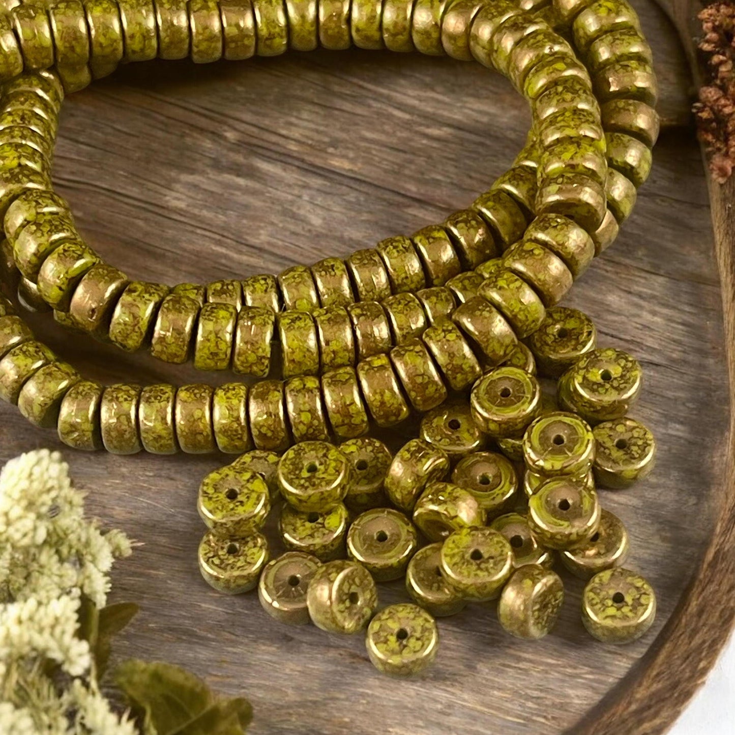 6mm Olive Green Heishi Rondelle, Czech Glass Beads, Olive Green with Bronze Picasso Finish (HSH/N-0583) * 50 Beads