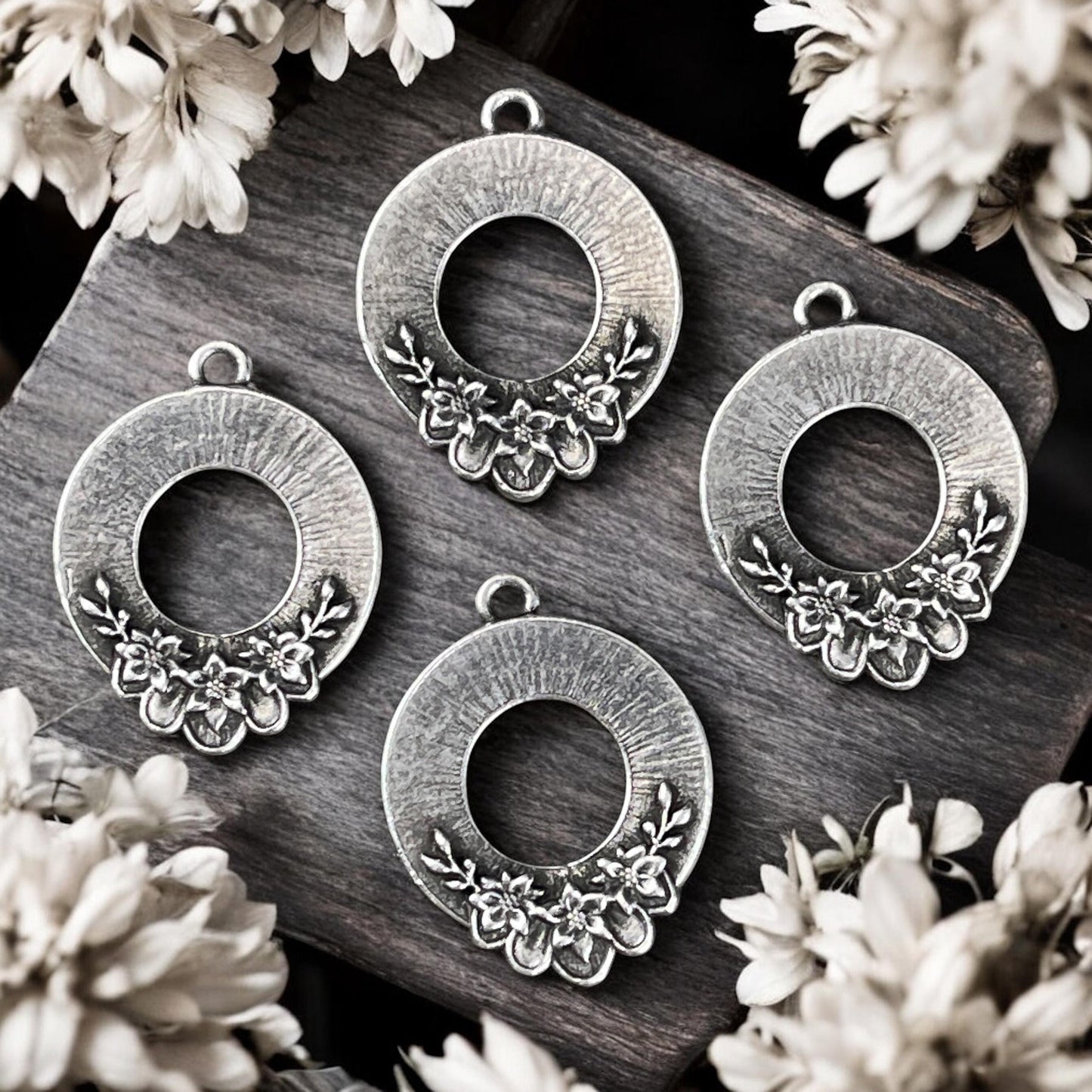 TierraCast Blossom Pendant, 20x25.5mm Antiqued Silver Floral Theme Charm, New Collection (PF/1043-77) * Qty. 2