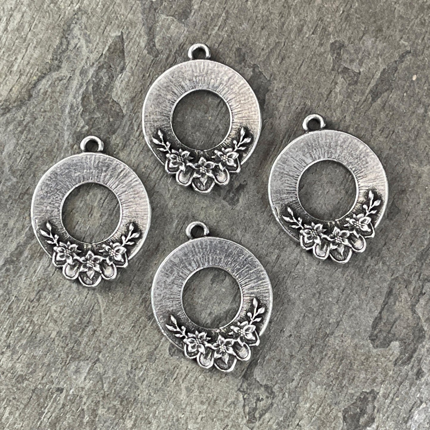 TierraCast Blossom Pendant, 20x25.5mm Antiqued Silver Floral Theme Charm, New Collection (PF/1043-77) * Qty. 2