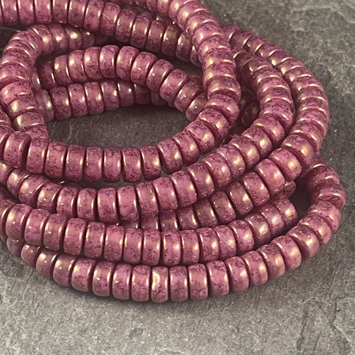 Czech Glass Beads - 6mm Heishi Rondelle, Dusty Rose with Mauve Marbled Finish (HSH/N-0577) * 50 Beads