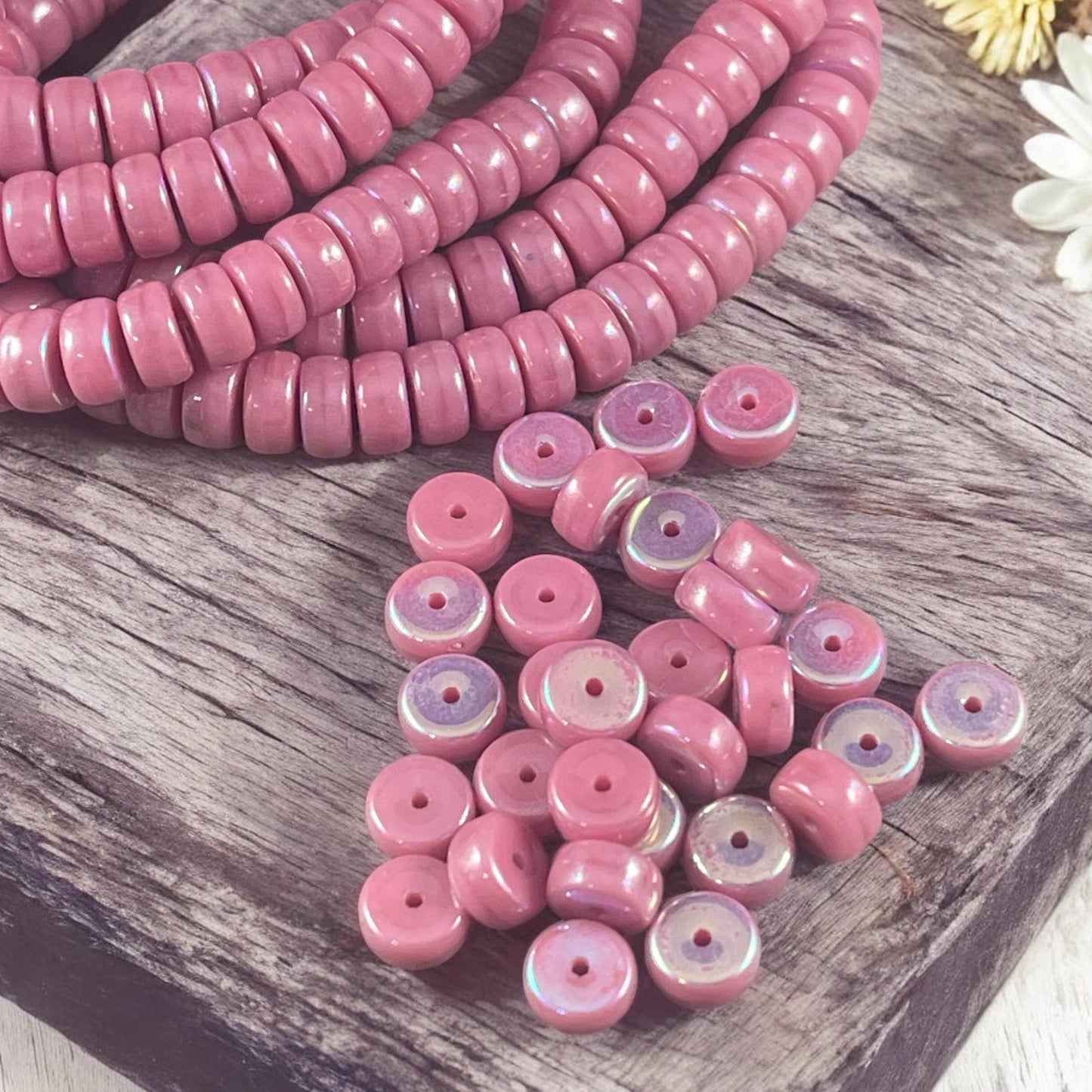 6mm Pink Heishi Rondelle, Czech Glass Beads, Bubblegum Pink with AB and Luster Finish (HSH/N-0847) * 50 Beads