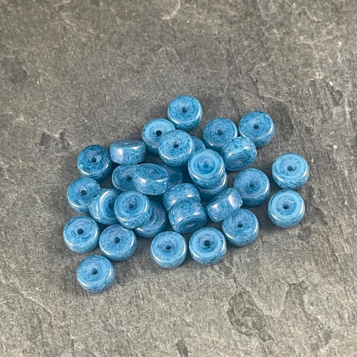 6mm Dark Sky Blue Heishi Rondelle, Czech Glass Beads, Blue with Blue Marbled Finish (HSH/N-0654) * 50 Beads