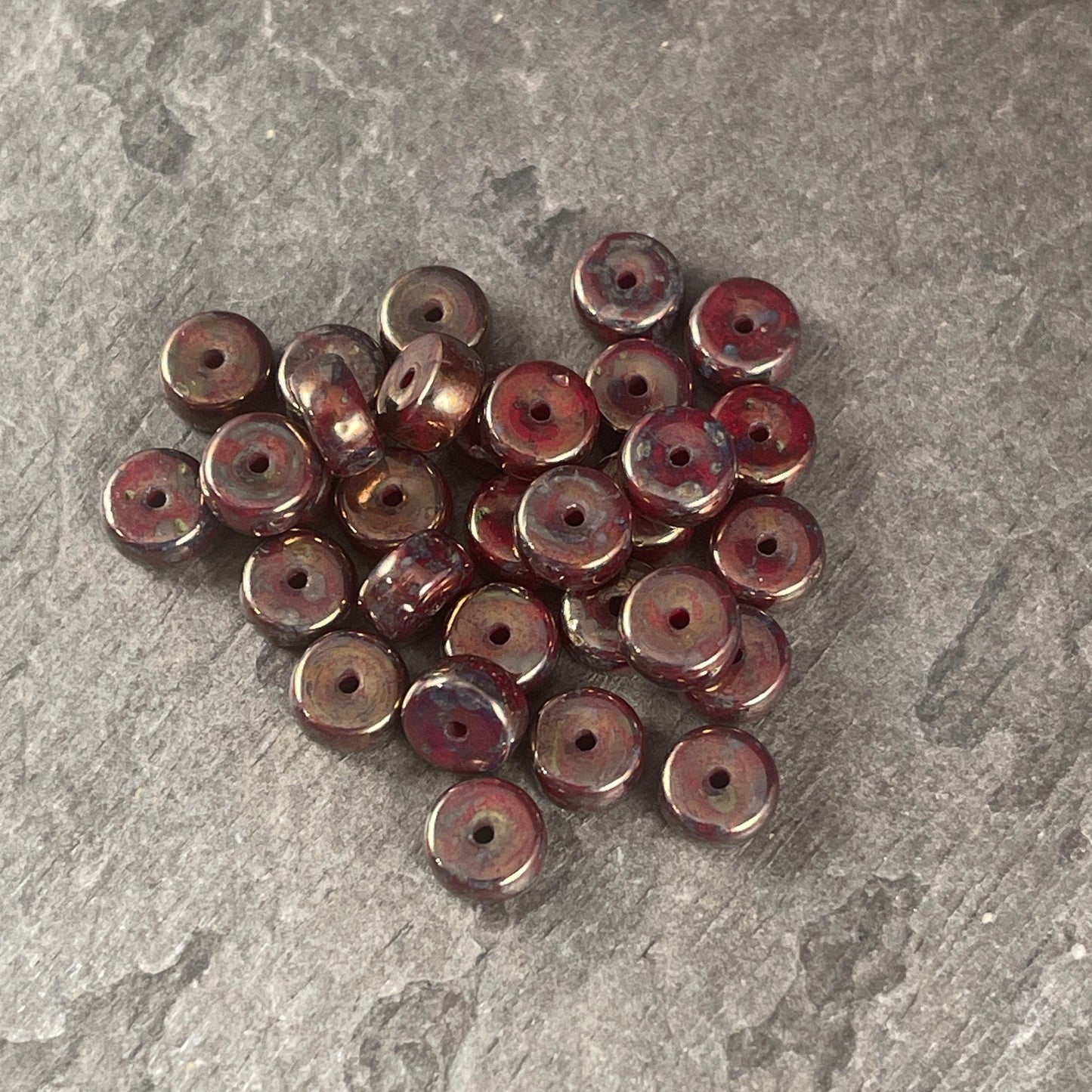 Czech Glass Beads - 6mm Sangria Red Heishi Rondelle, Dark Red with Full Bronze Picasso Finish (HSH/N-0698) * 50 Beads