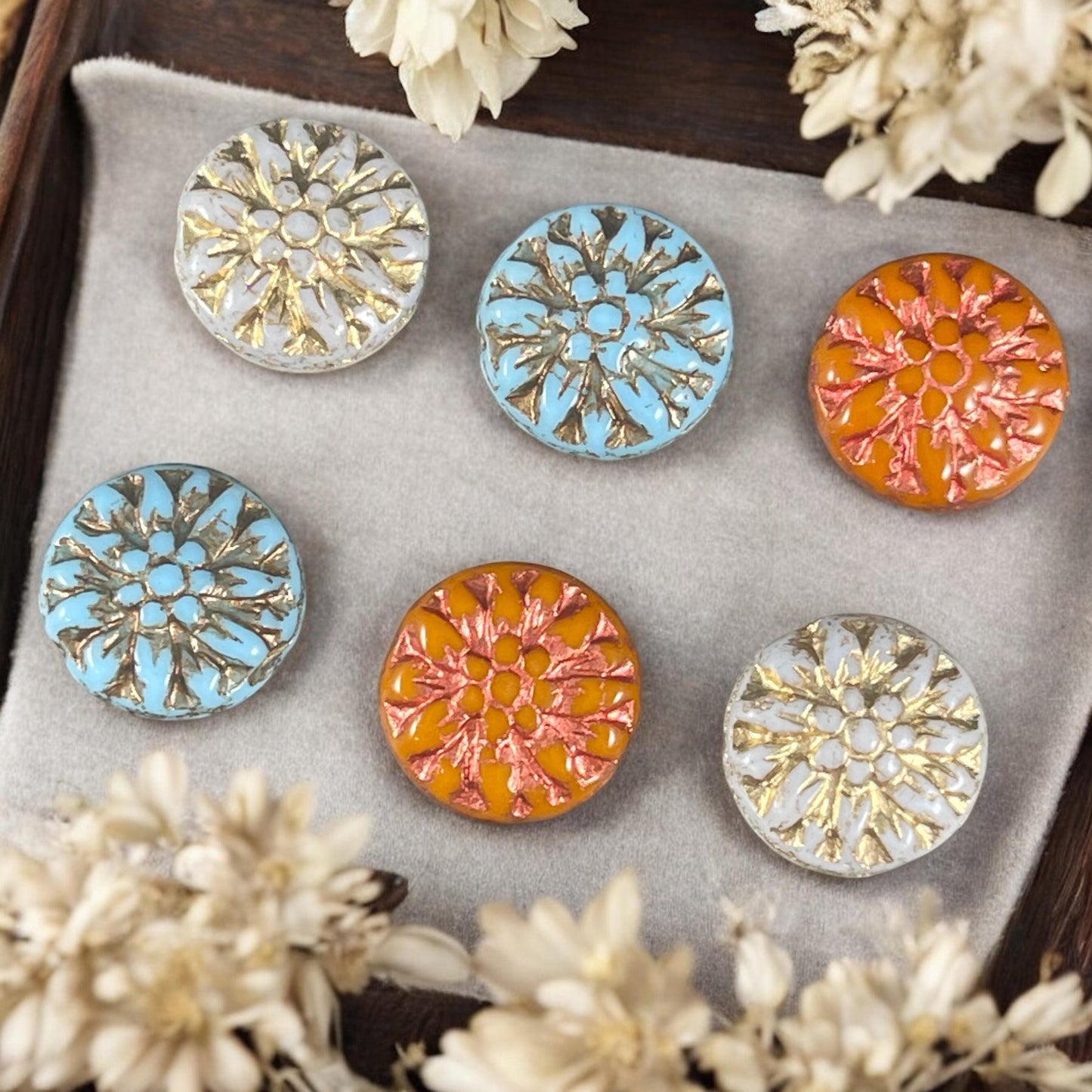 Czech Glass Bead Assortment - 14mm Dahlia Flower Beads - Pairs for Earrings, Flower Assortment (DM-1) * Qty. 6