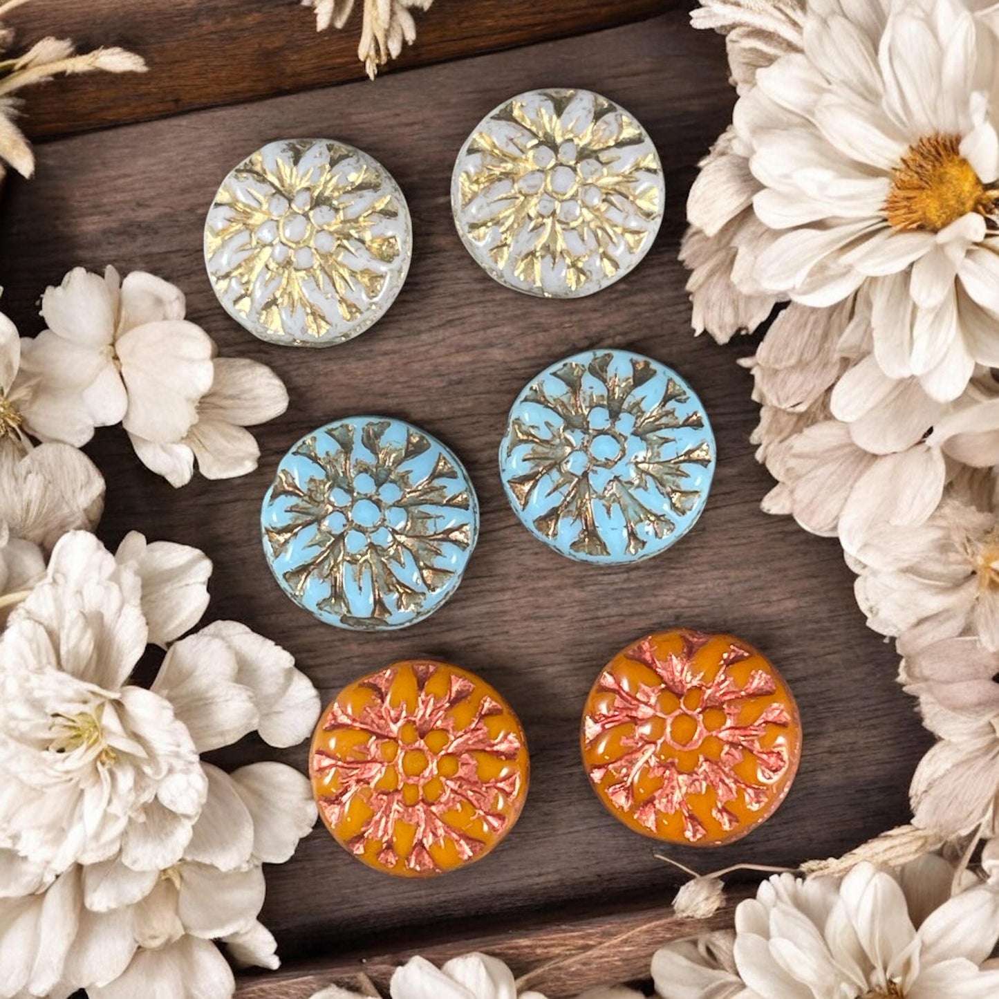 Czech Glass Bead Assortment - 14mm Dahlia Flower Beads - Pairs for Earrings, Flower Assortment (DM-1) * Qty. 6