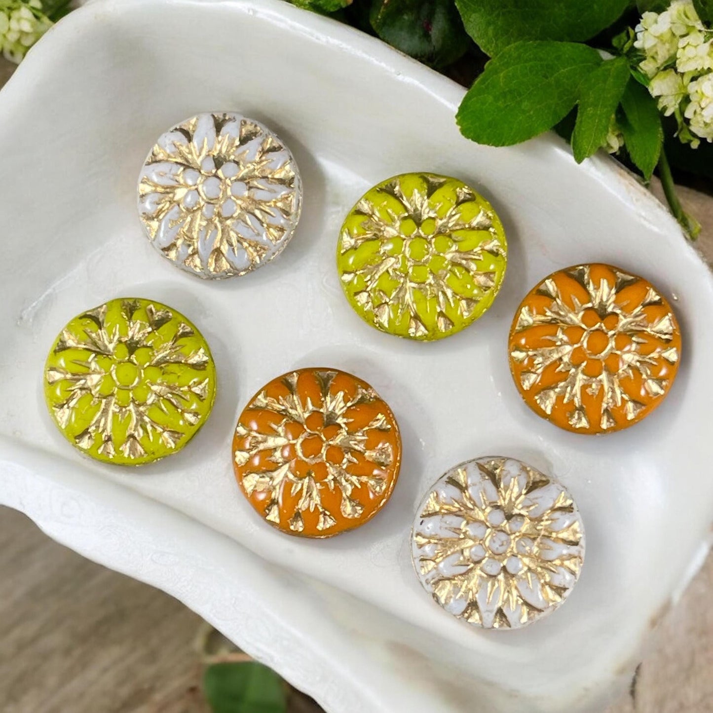 Czech Glass Bead Assortment - 14mm Dahlia Flower Beads - Pairs for Earrings, Flower Assortment (DM-3) * Qty. 6