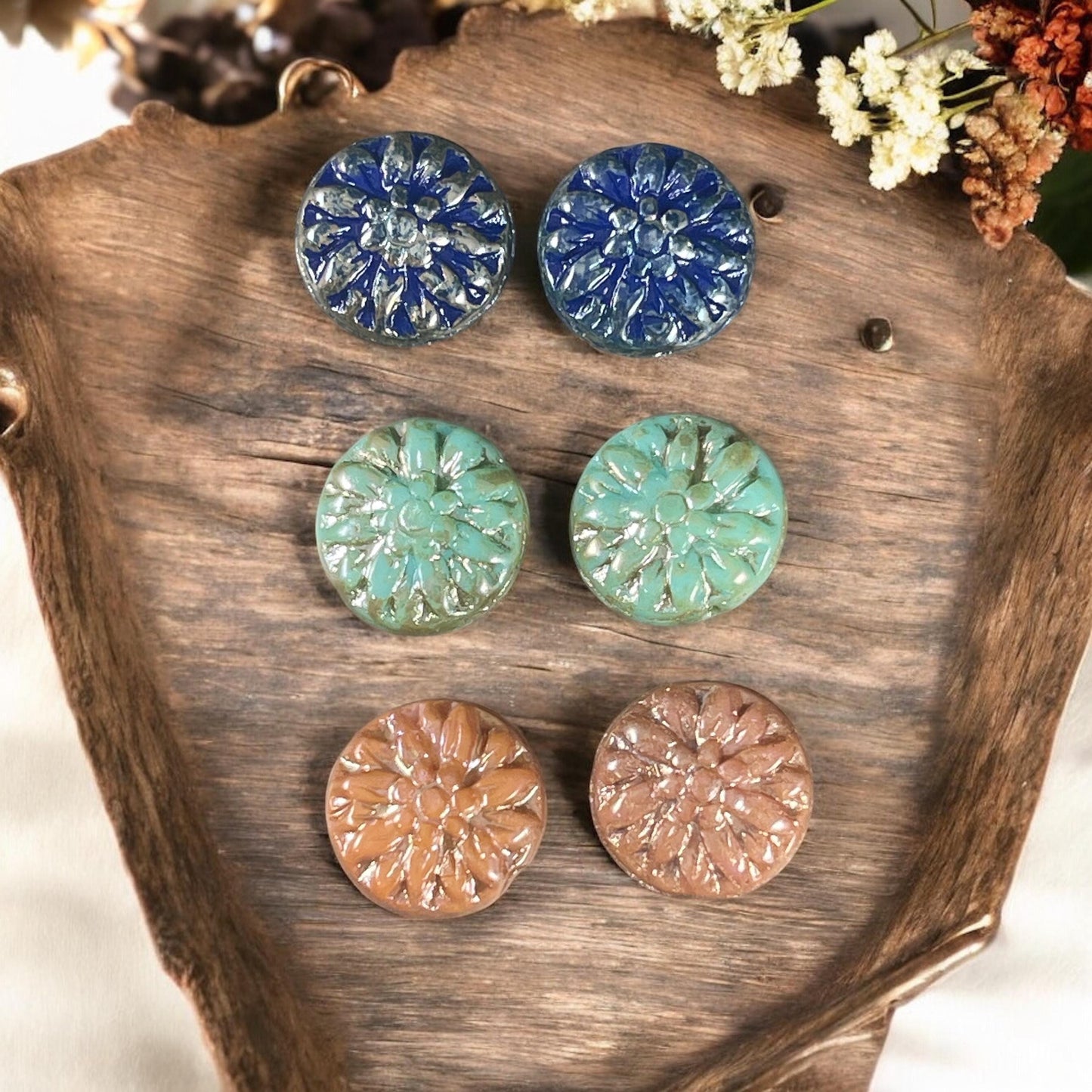 Czech Glass Bead Assortment - 14mm Dahlia Flower Beads - Pairs for Earrings, Flower Assortment (DM-7) * Qty. 6