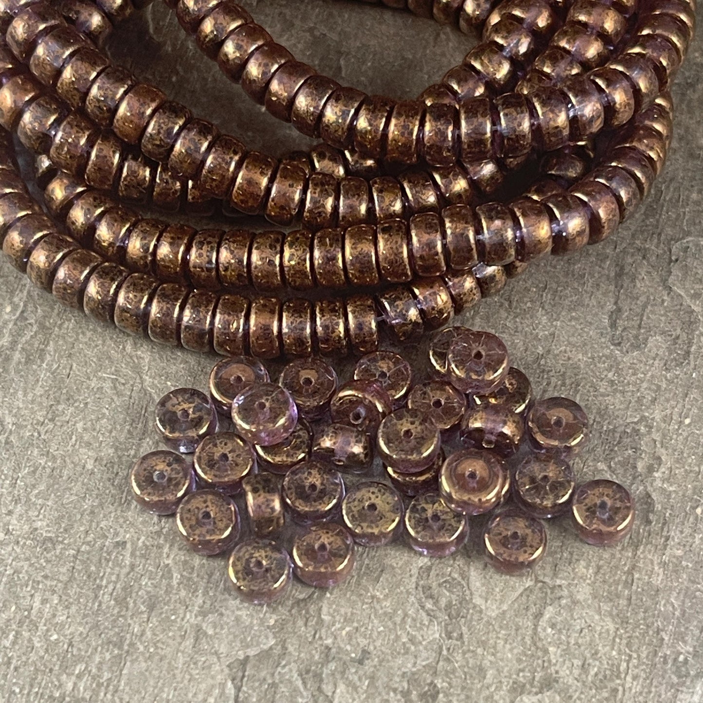 Czech Glass Beads - 6mm Bronzed Purple Heishi Rondelle, Transparent Purple with Bronze Finish (HSH/N-0543) * 50 Beads