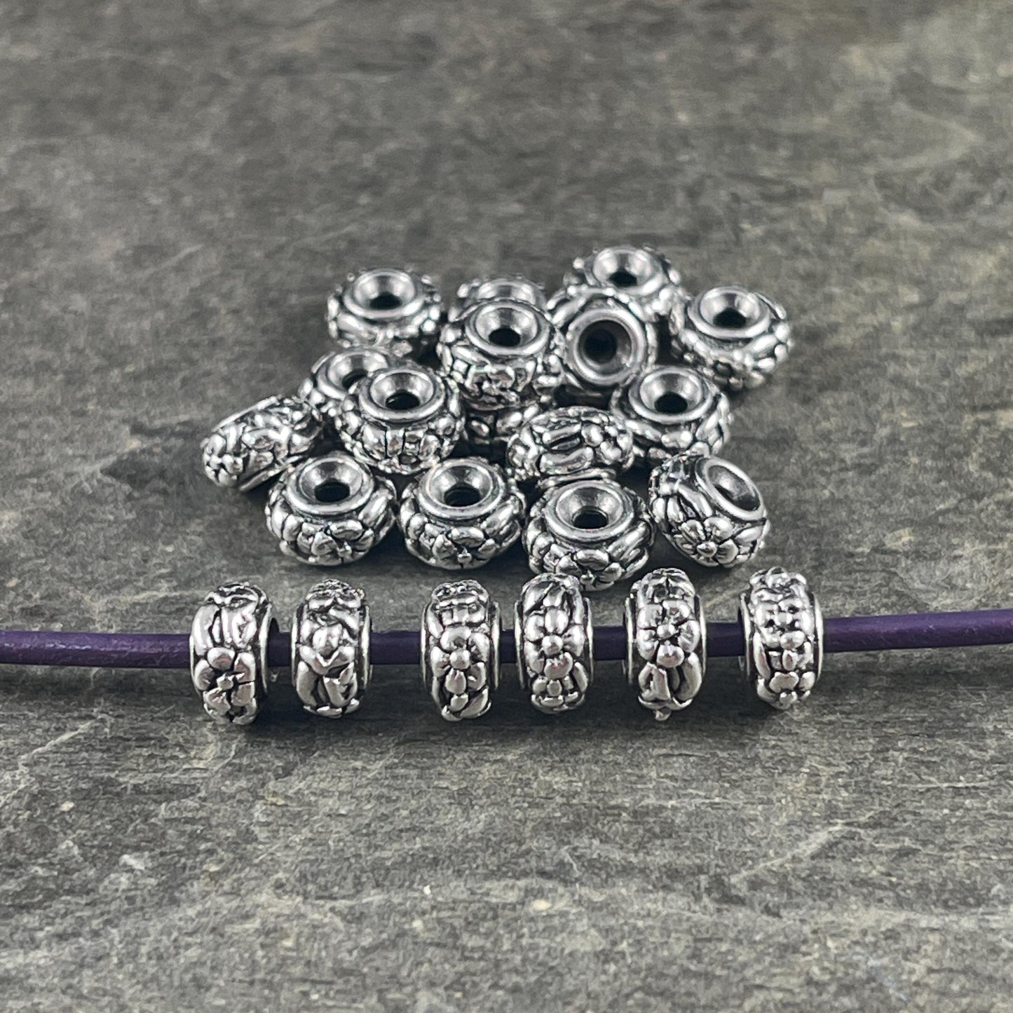 TierraCast 6.5mm Floral Theme Rondelle, Antiqued Silver Spacer Bead (PF/817-77) * Qty. 10