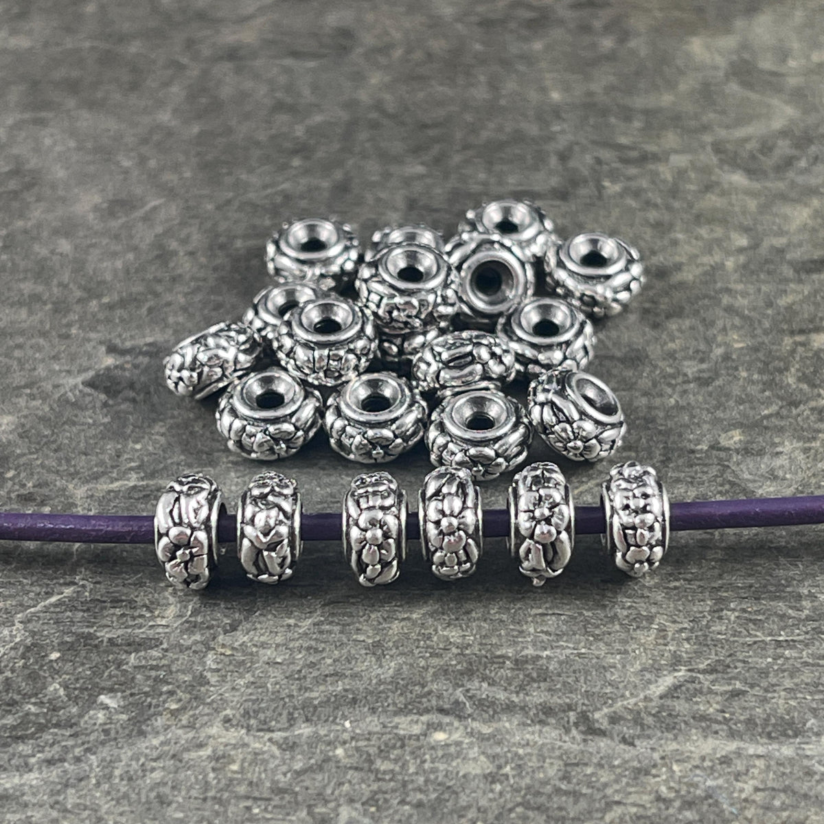 TierraCast 6.5mm Floral Theme Rondelle, Antiqued Silver Spacer Bead (PF/817-77) * Qty. 10