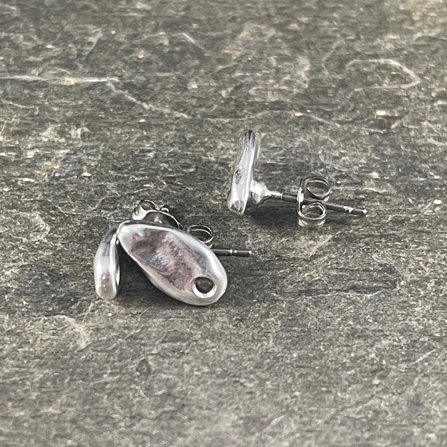 Antiqued Silver Earring Post, Small 11.5x6mm Organic Oval Earring with hole for Dangles (PF/14938-77) * Qty. 4