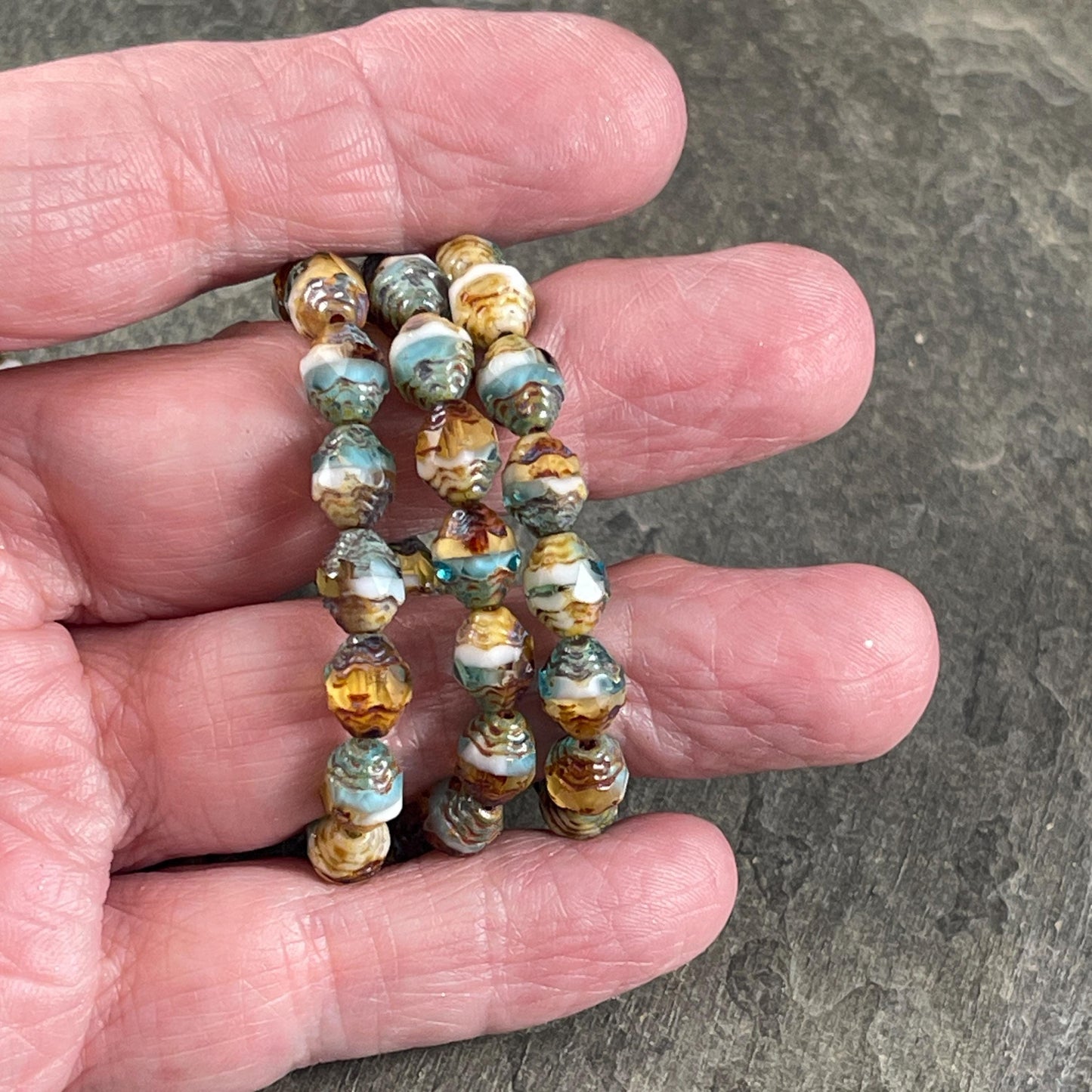 Czech Glass Beads, Sky Blue, Yellow and White Picasso Beads, Cathedral 8x6mm Carved Oval Bicone (CTD/N-041) * Qty. 15