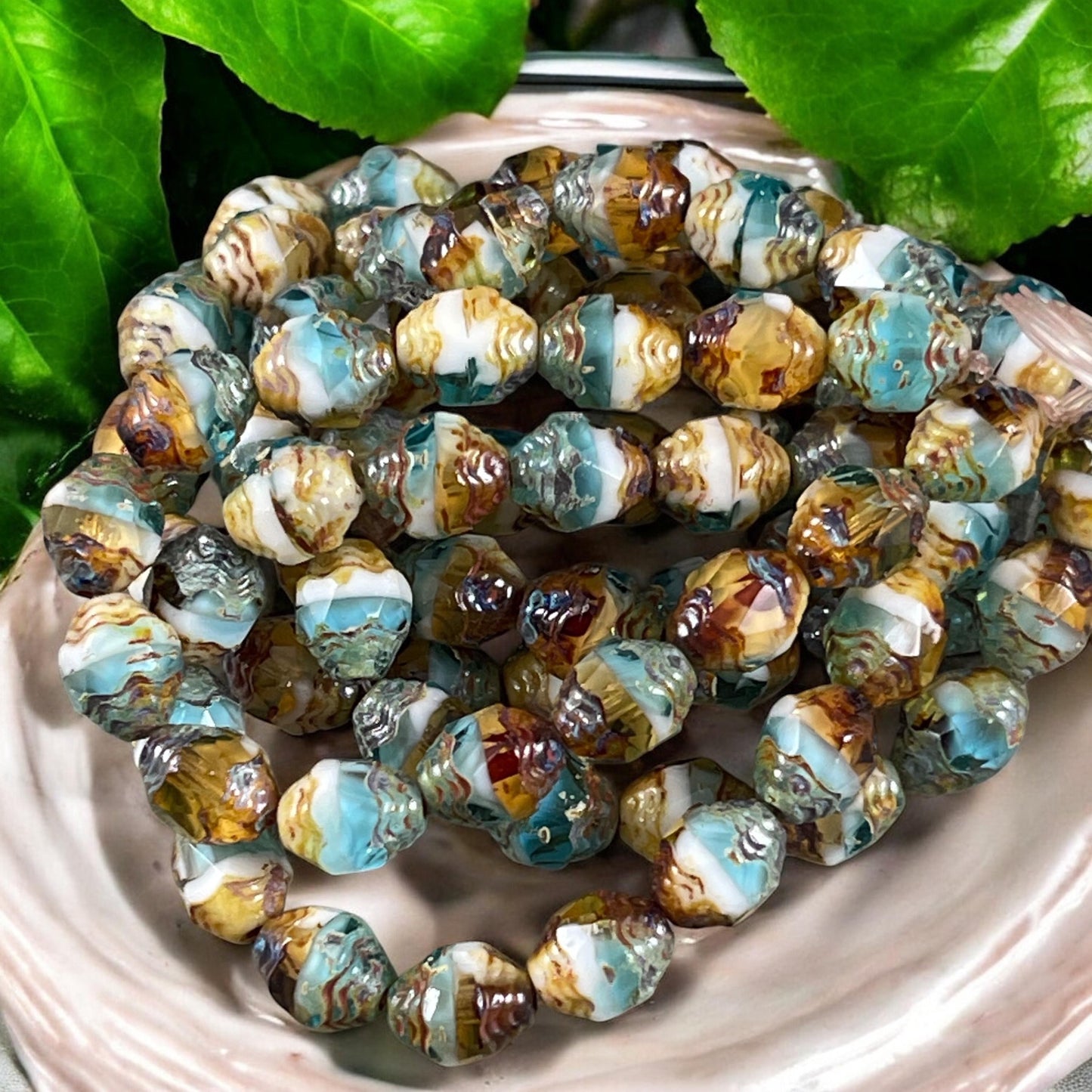 Czech Glass Beads, Sky Blue, Yellow and White Picasso Beads, Cathedral 8x6mm Carved Oval Bicone (CTD/N-041) * Qty. 15