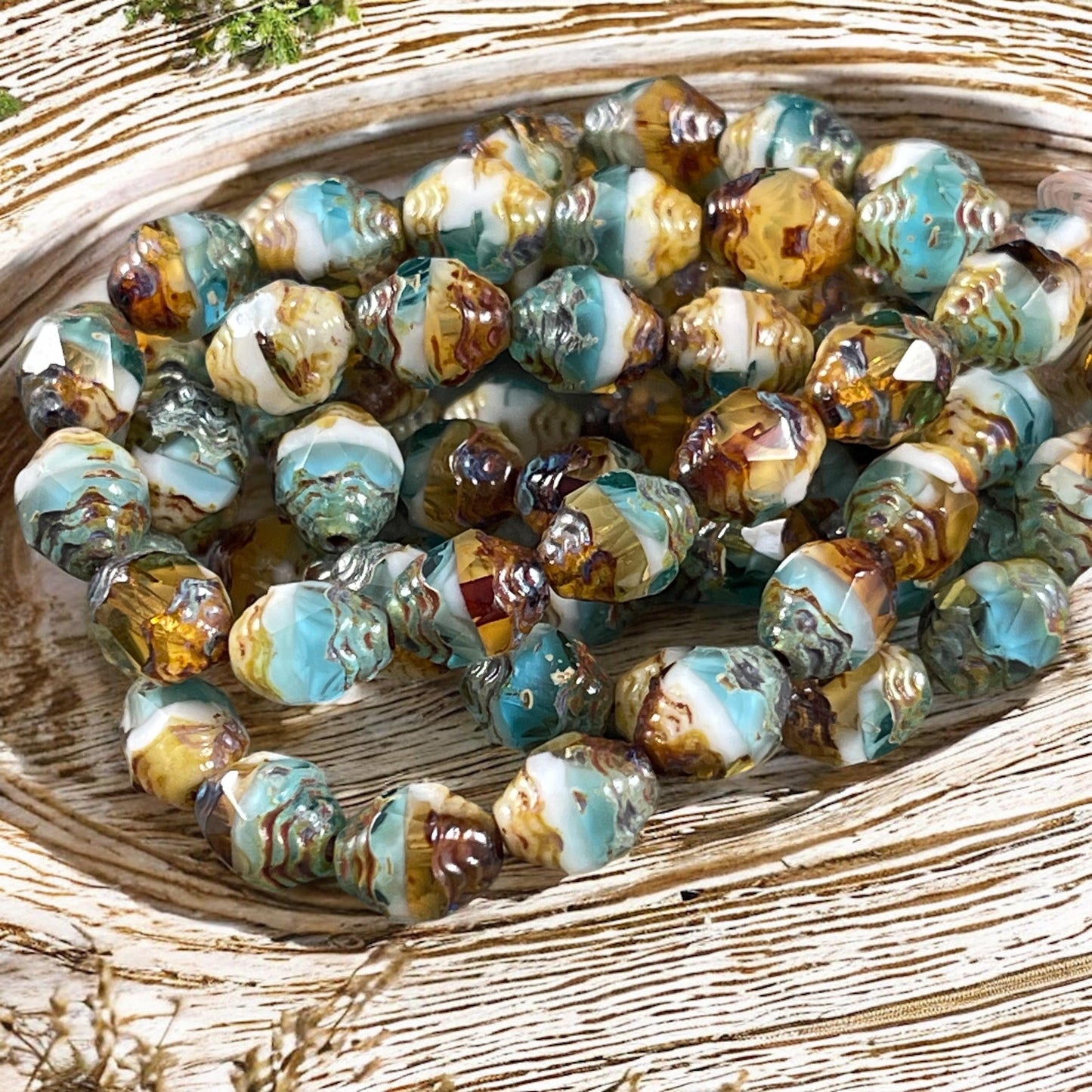 Czech Glass Beads, Sky Blue, Yellow and White Picasso Beads, Cathedral 8x6mm Carved Oval Bicone (CTD/N-041) * Qty. 15