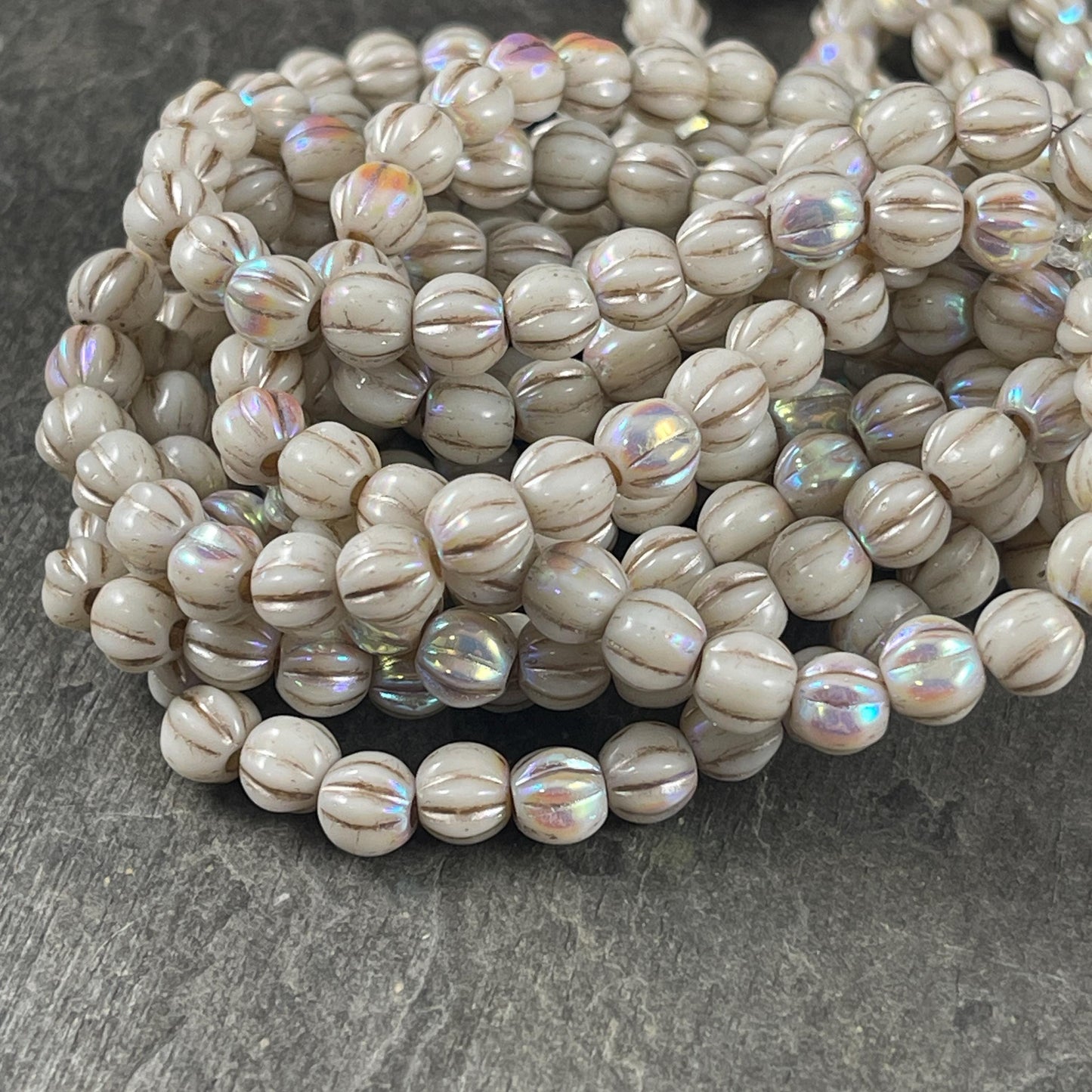 Czech Glass Beads - 6mm Large Hole Melon - Beige Glass with Rainbow AB Finish and Metallic Beige Wash (BH6/N-145) * Qty. 25