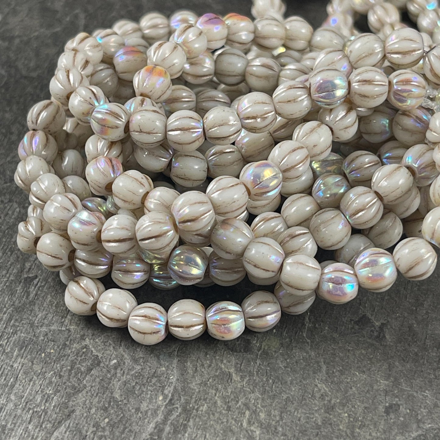 Czech Glass Beads - 6mm Large Hole Melon - Beige Glass with Rainbow AB Finish and Metallic Beige Wash (BH6/N-145) * Qty. 25