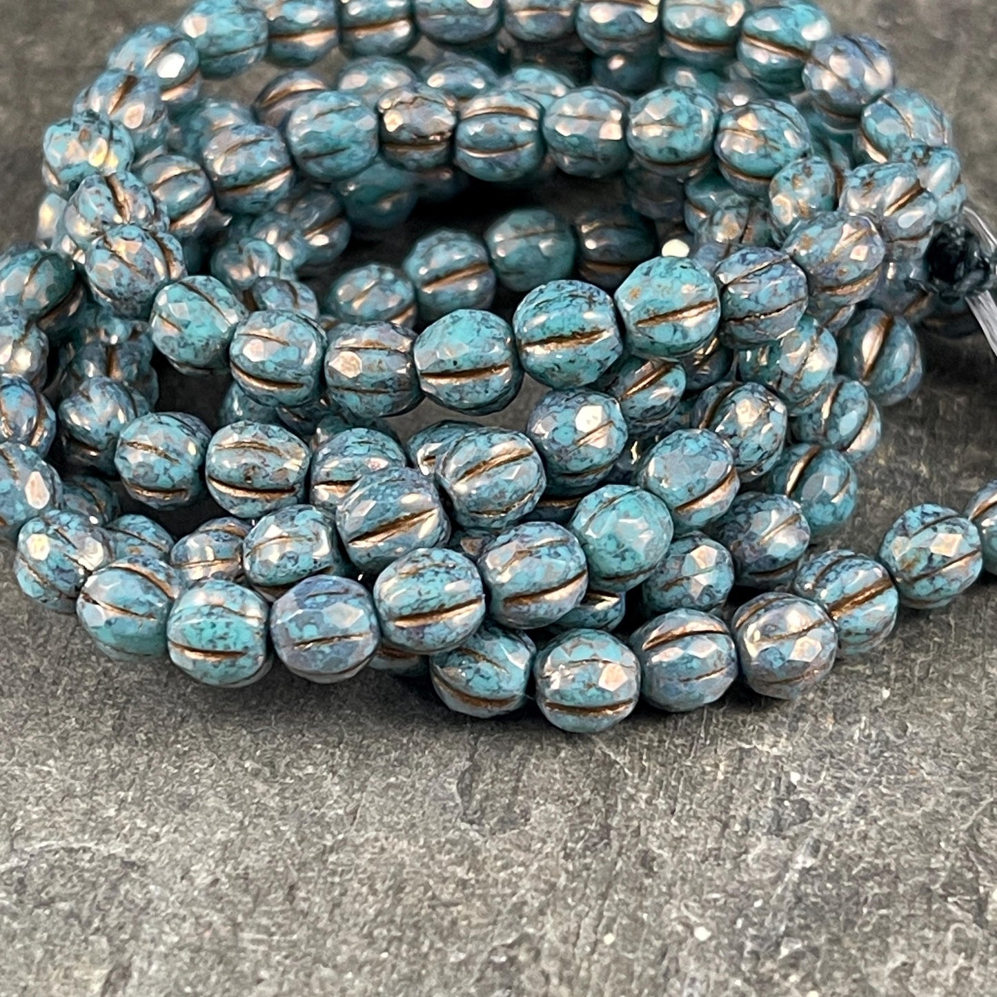 Czech Glass Beads - 6mm Teal Picasso Faceted Melon Shape Beads, Teal with Bronze and Gold Wash (FM6/N-2102) * 25 beads