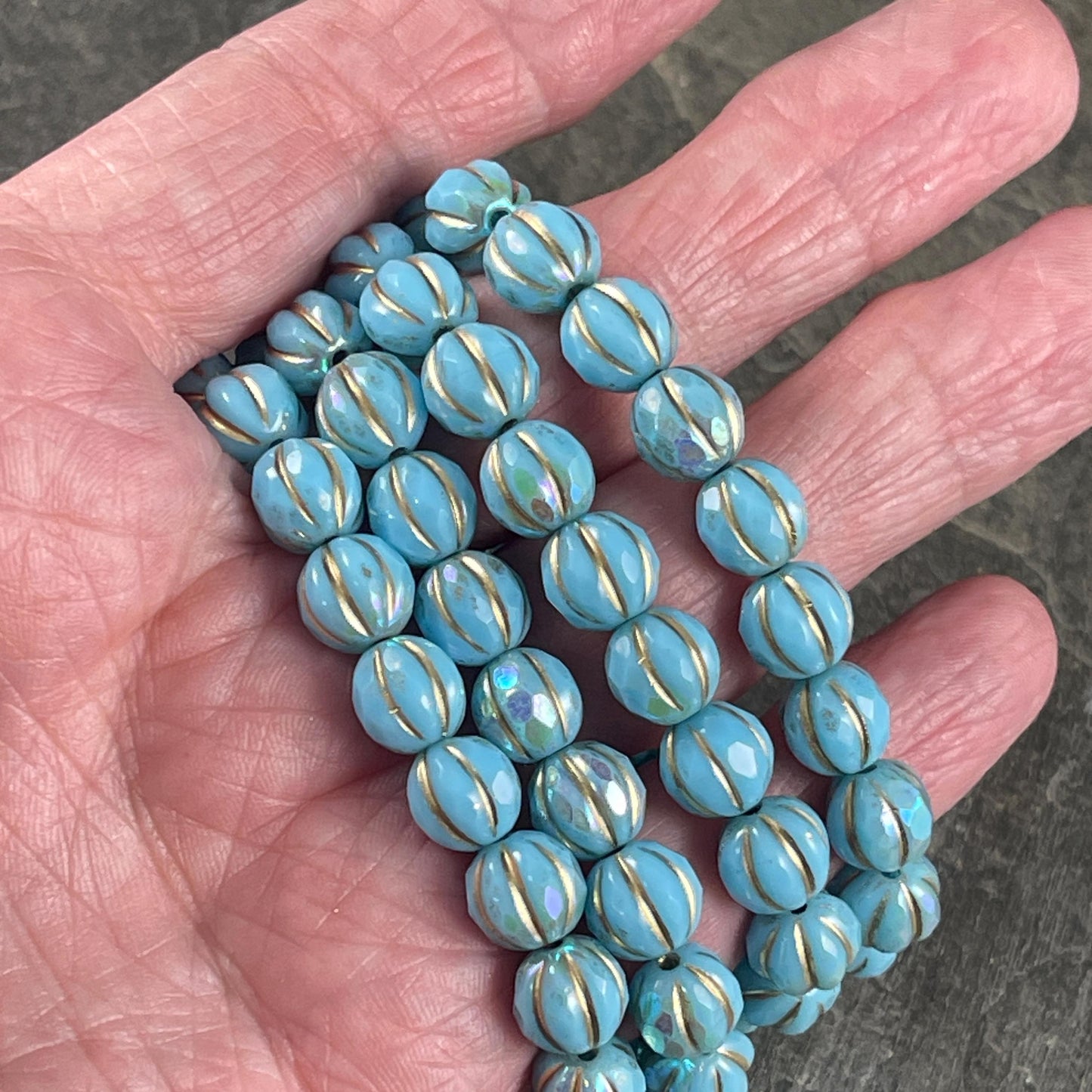 Czech Glass Beads - Light Blue and Gold with AB Finish, 8mm Faceted Melon Shape Beads (8FM/N-1785) * Qty. 10