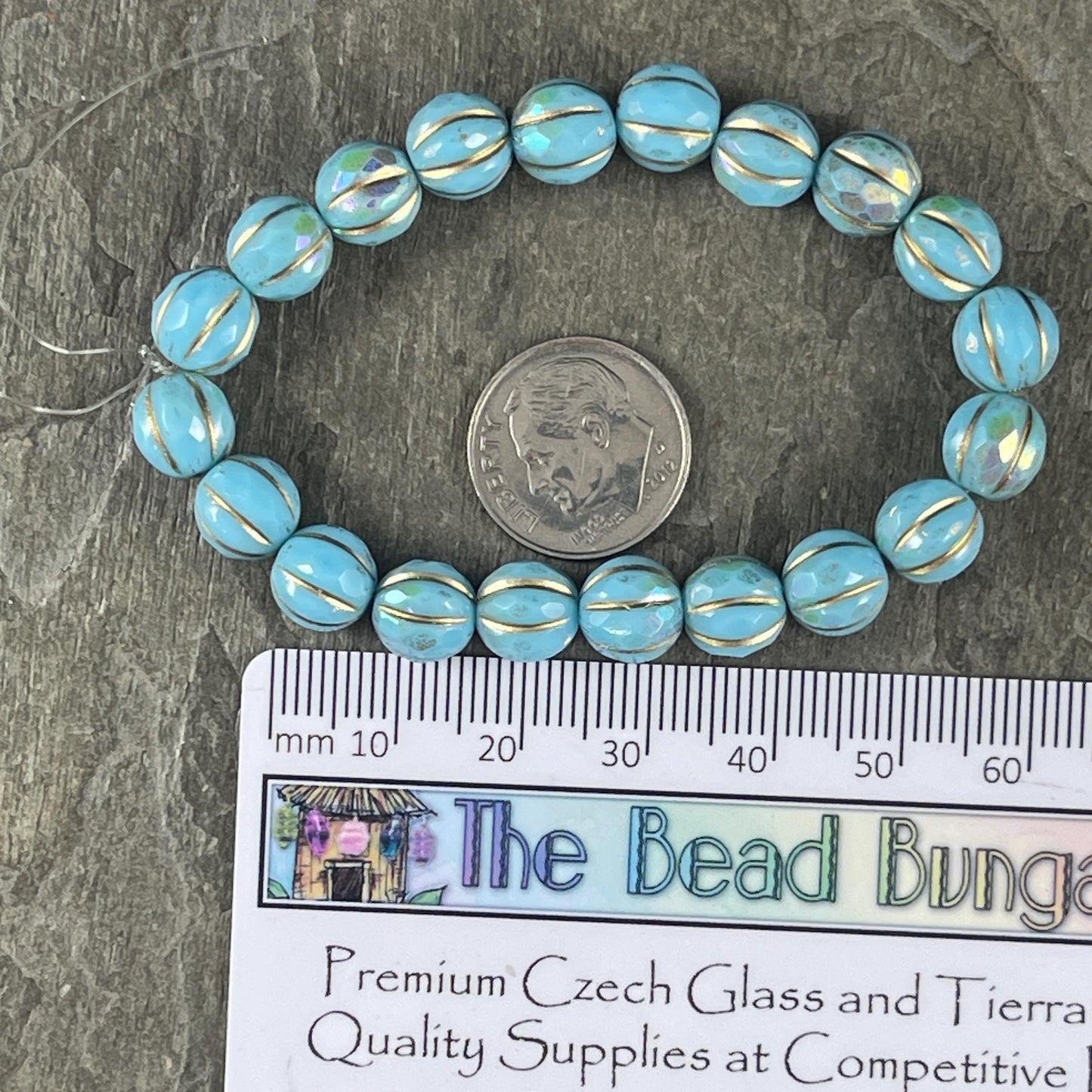 Czech Glass Beads - Light Blue and Gold with AB Finish, 8mm Faceted Melon Shape Beads (8FM/N-1785) * Qty. 10