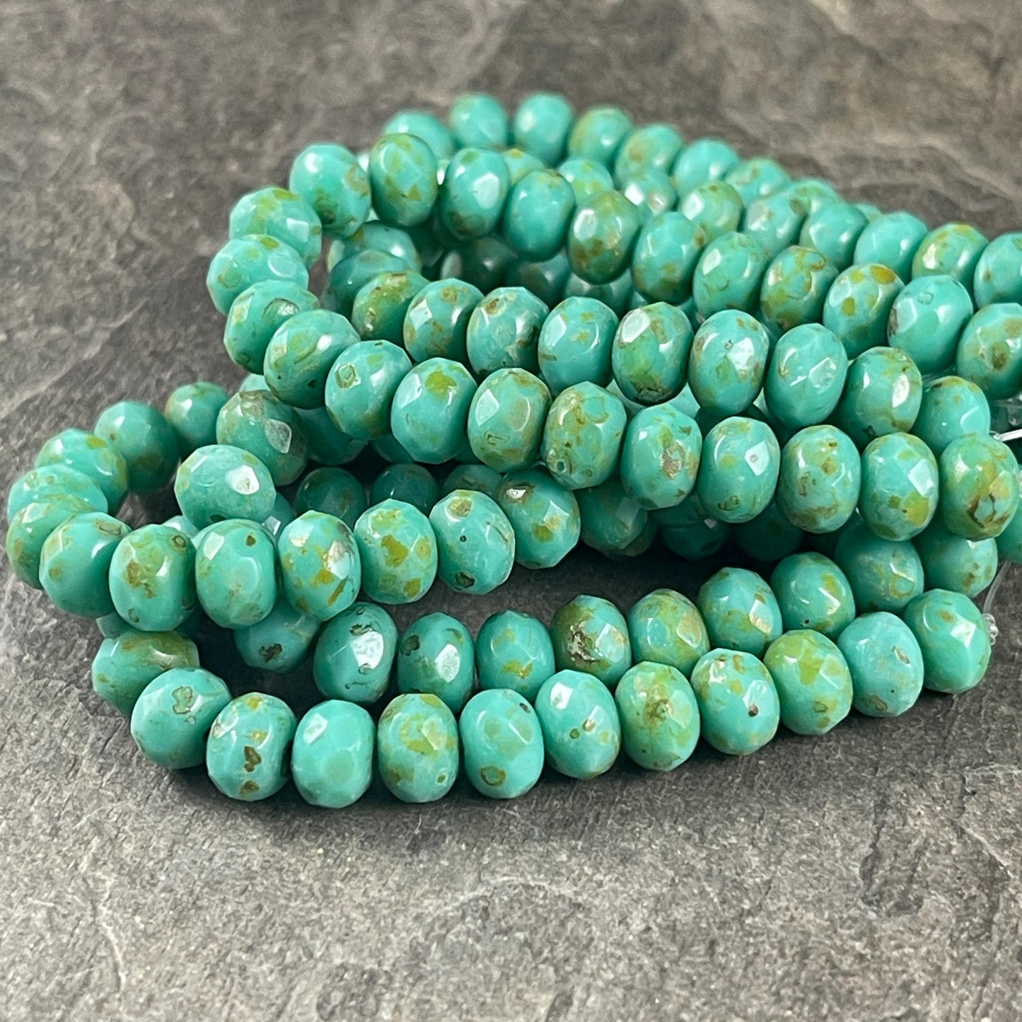Czech Glass Beads - 7x5mm Faceted Rondelle, Turquoise Green Picasso (R7/N-0743B) * 25 Beads