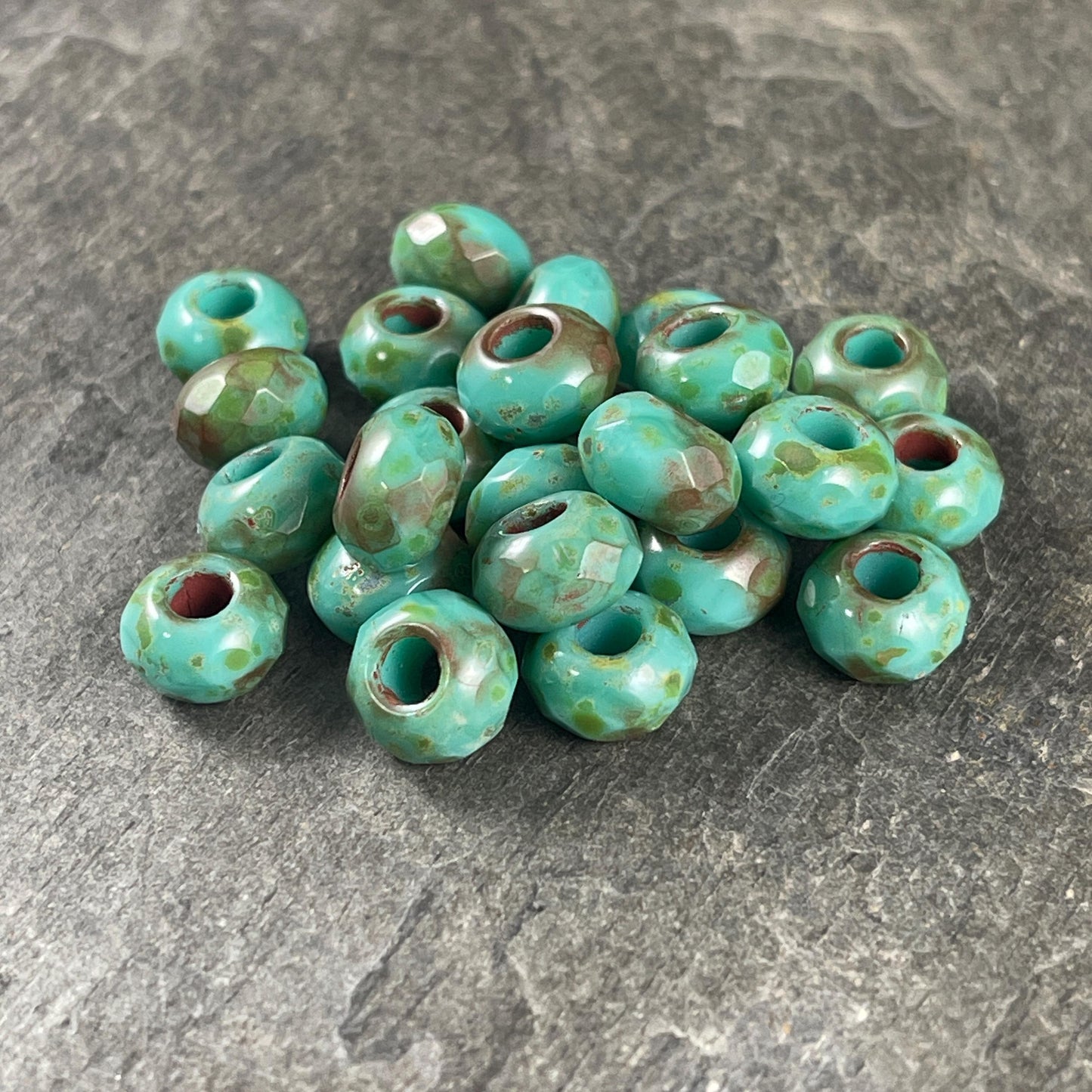 Czech Glass Beads - 9x6mm Large Hole Rondelles, Tea Green, Turquoise Picasso Beads (ROL/N-0634B) * Qty. 12