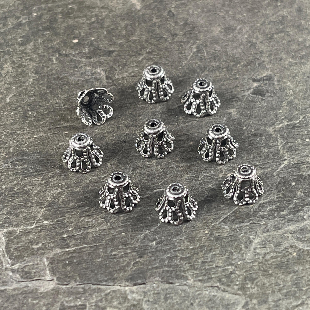 Filigree Bell Shape Bead Caps - 7x5mm Antiqued Silver Flaired Bead Caps (VJS-D92) * Qty. 12