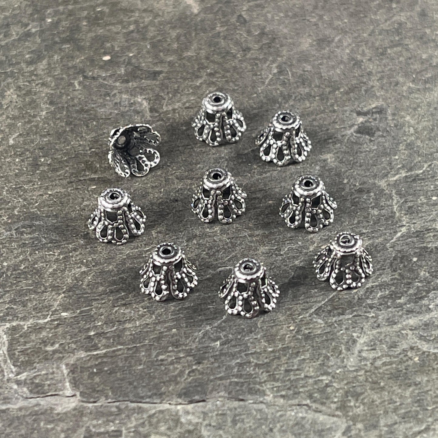 Filigree Bell Shape Bead Caps - 7x5mm Antiqued Silver Flaired Bead Caps (VJS-D92) * Qty. 12