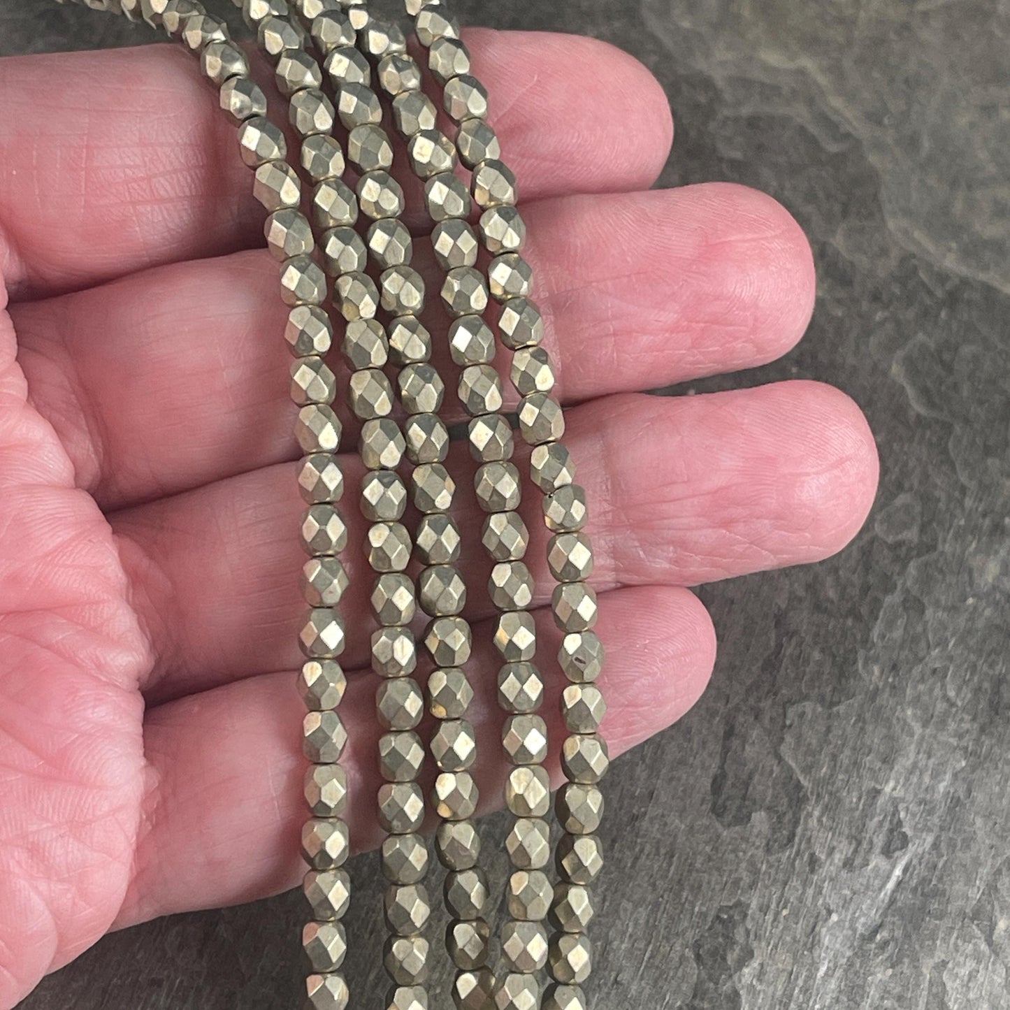 Czech Glass Beads - 4mm Faceted Round Beads, Taupe, Gray-Gold Metallic (FP4/SM-08A05) * Qty. 50