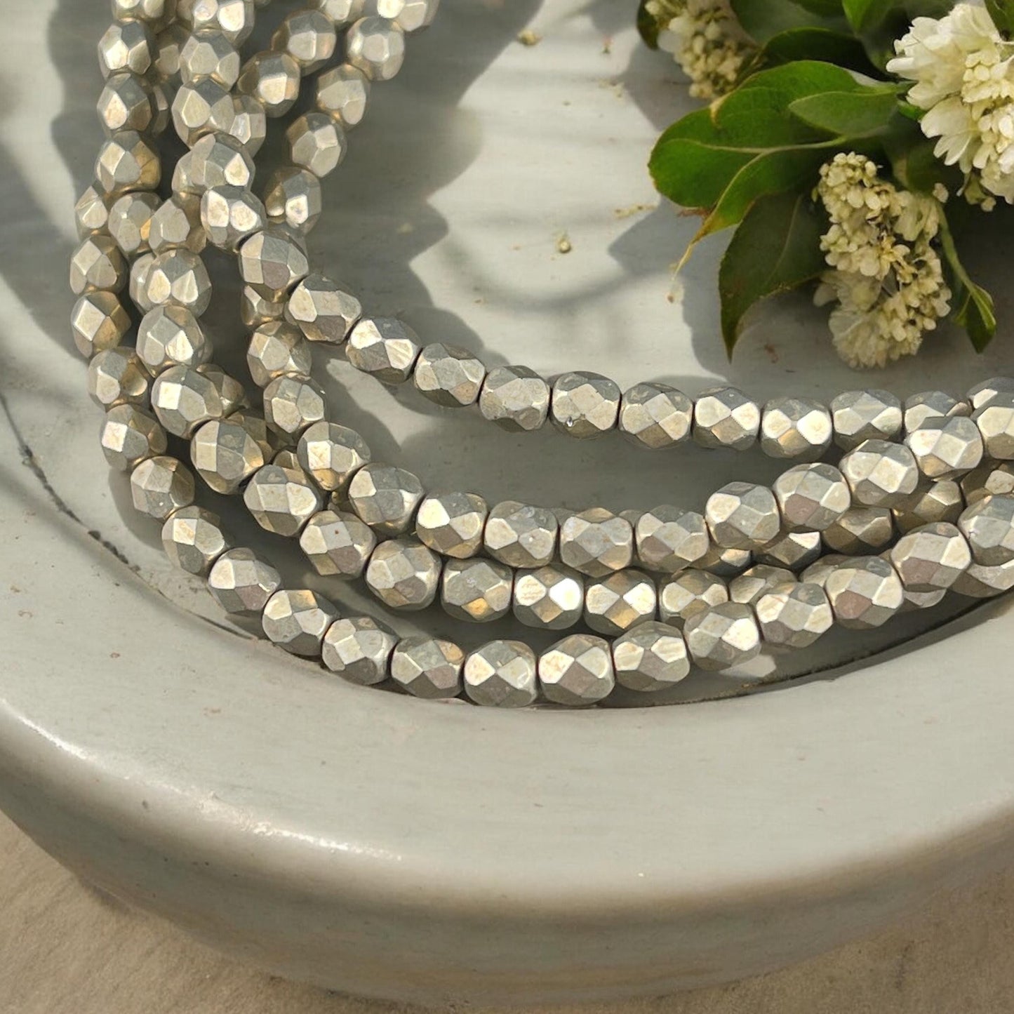 Czech Glass Beads - 4mm Faceted Round Beads, Taupe, Gray-Gold Metallic (FP4/SM-08A05) * Qty. 50