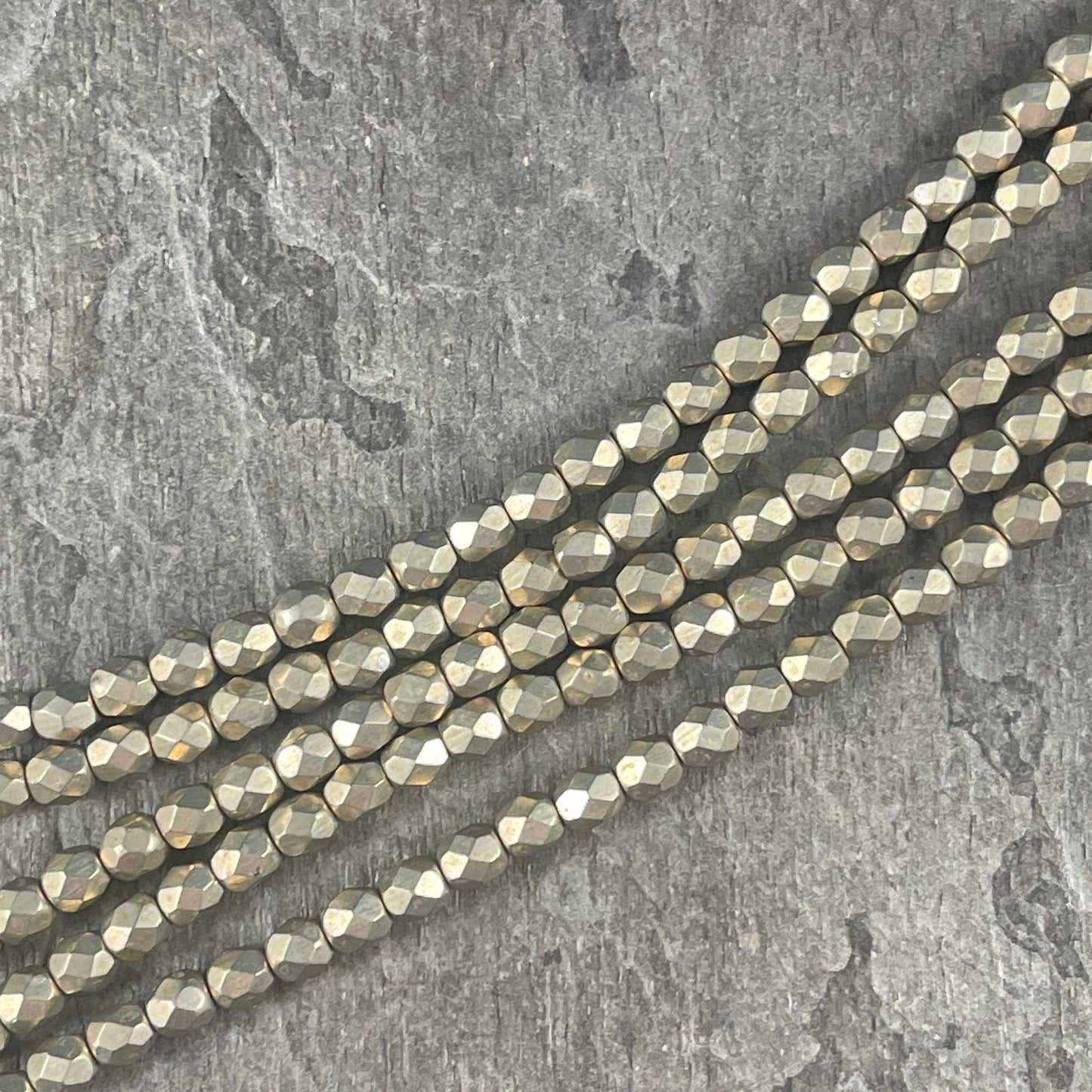 Czech Glass Beads - 4mm Faceted Round Beads, Taupe, Gray-Gold Metallic (FP4/SM-08A05) * Qty. 50