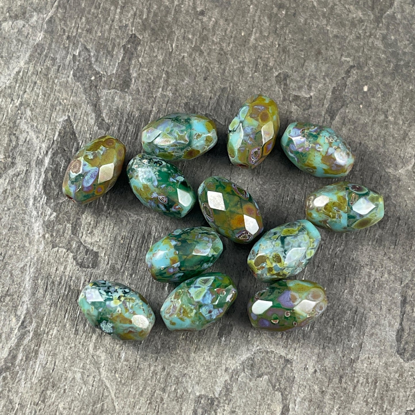 Czech Glass Beads, Turquoise Picasso Beads, 12x8mm Faceted Oval Beads, Blended Two-Tone Blue with Heavy Picasso (FOV/N-0252) * Qty. 8