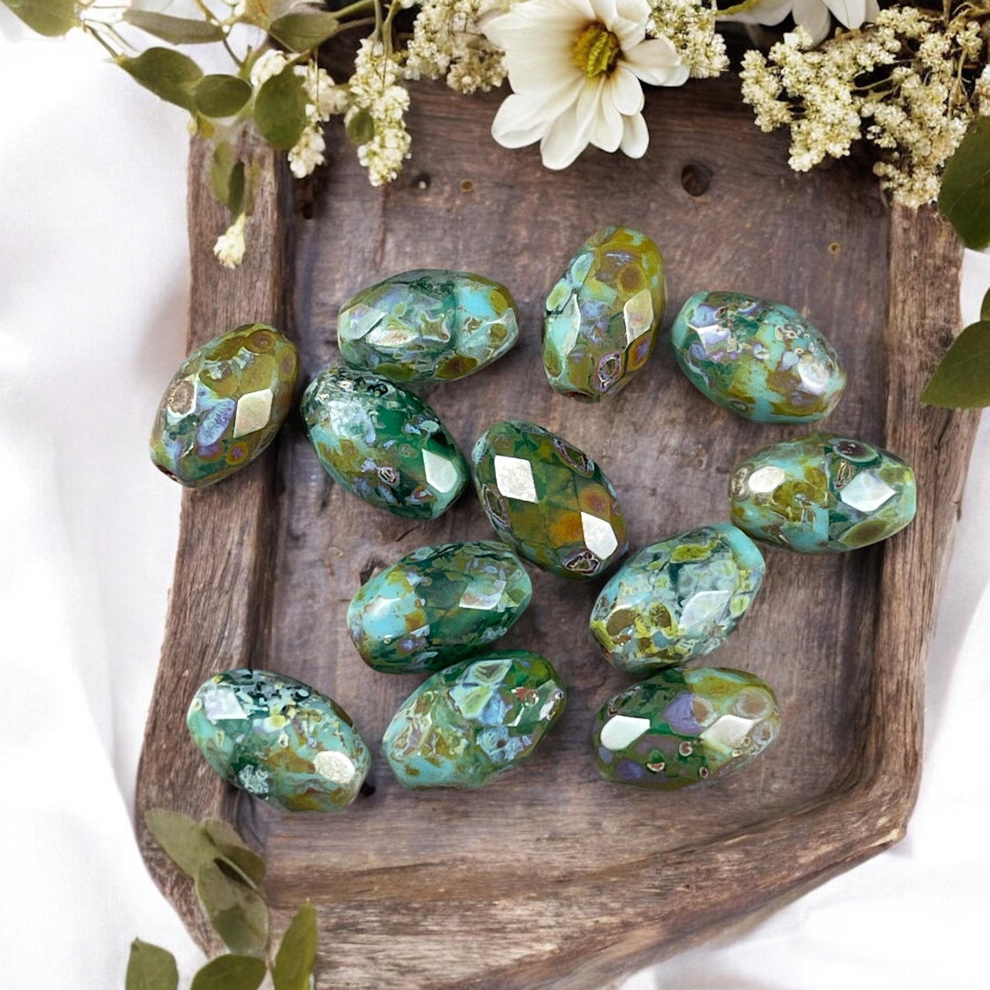 Czech Glass Beads, Turquoise Picasso Beads, 12x8mm Faceted Oval Beads, Blended Two-Tone Blue with Heavy Picasso (FOV/N-0252) * Qty. 8