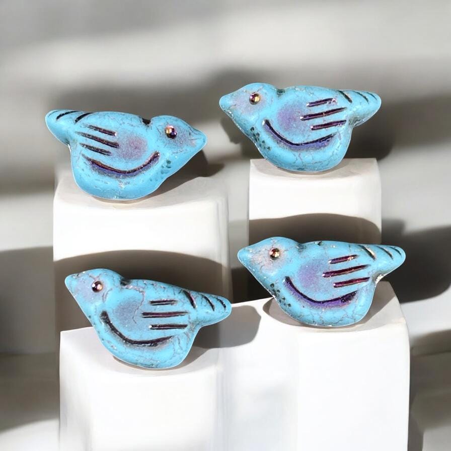 Czech Glass Beads ~ Opaque Matte Sky Blue with Volcano Wash ~ Nature Theme Bird Focal Beads ~ 11x22mm Chunky Glass Bird (N-1620) * Qty. 2