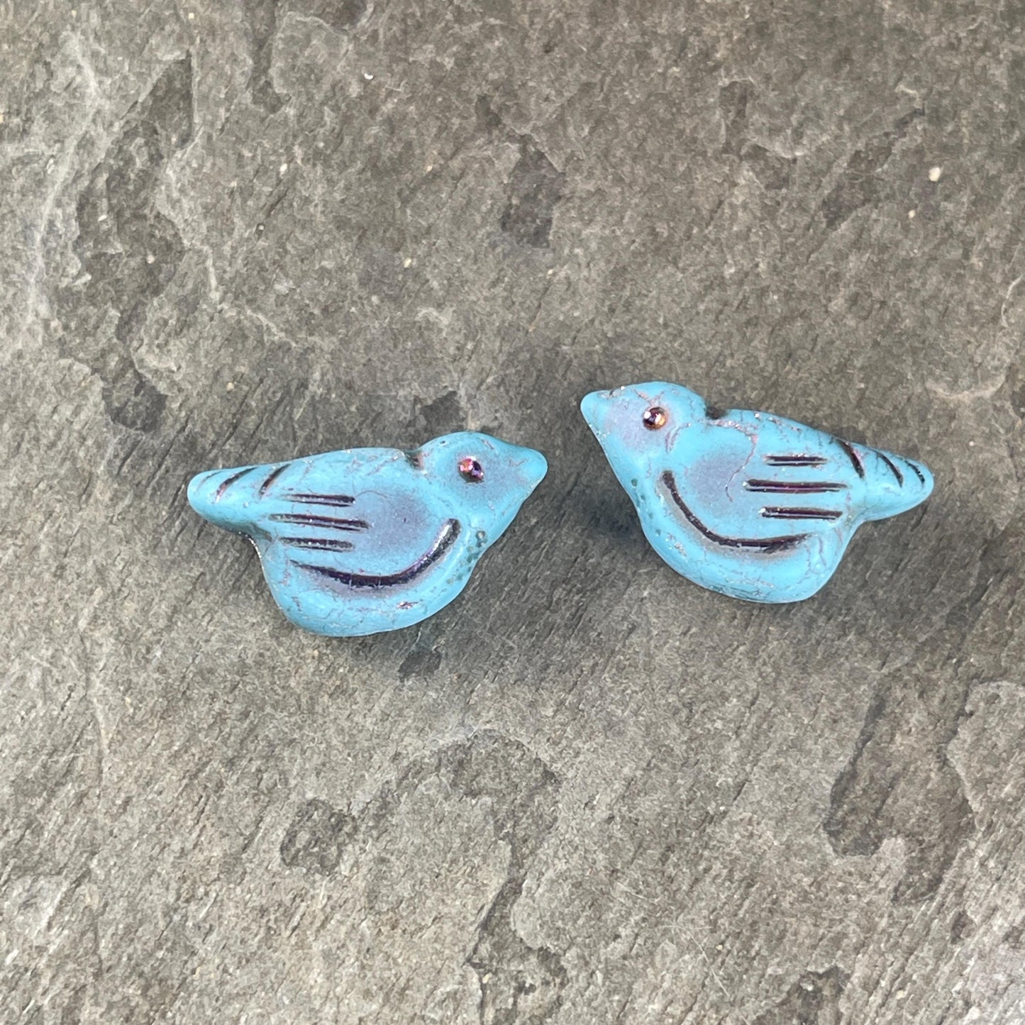 Czech Glass Beads ~ Opaque Matte Sky Blue with Volcano Wash ~ Nature Theme Bird Focal Beads ~ 11x22mm Chunky Glass Bird (N-1620) * Qty. 2