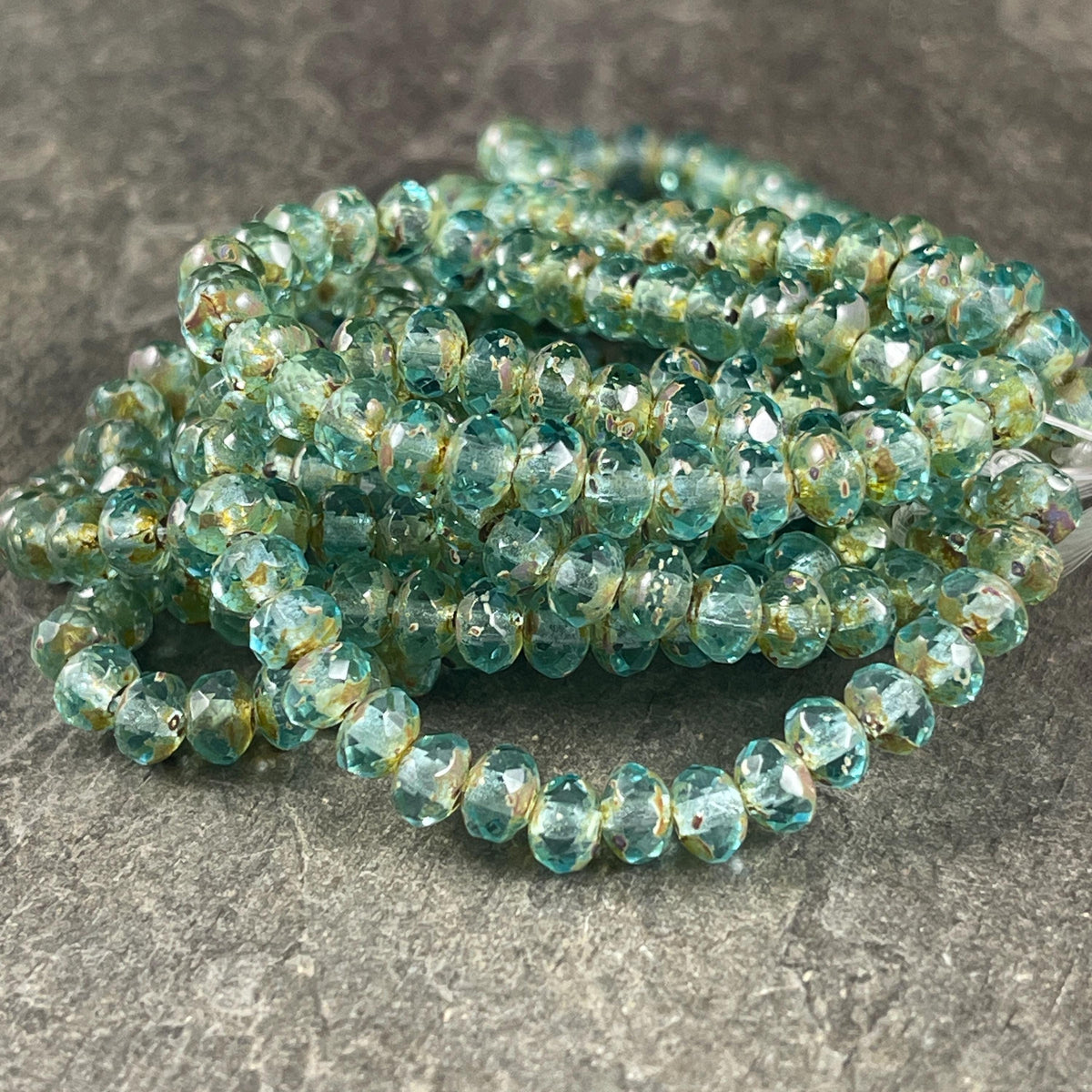 Czech Beads - 5x3mm Faceted Rondelle, Transparent Light Aqua Picasso (R5/N-0516) * 30 Beads
