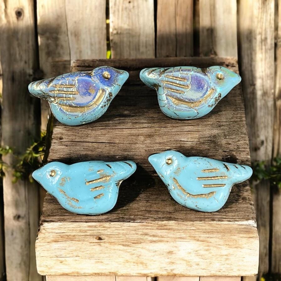 Czech Glass Beads - 11x22mm Chunky Bird Beads - Light Blue Bird with Gold Wash and AB Finish, Nature Theme, Bird Focal (N-1307) * Qty. 4
