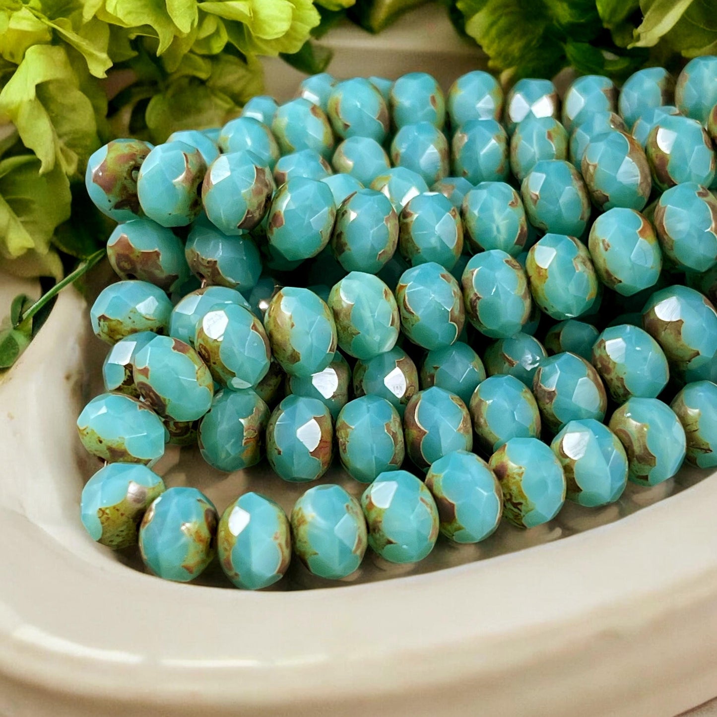 Czech Glass Beads - 8x6mm Faceted Rondelles ~Seafoam Green Silk Picasso Beads (R8/N-0699) * Qty. 25