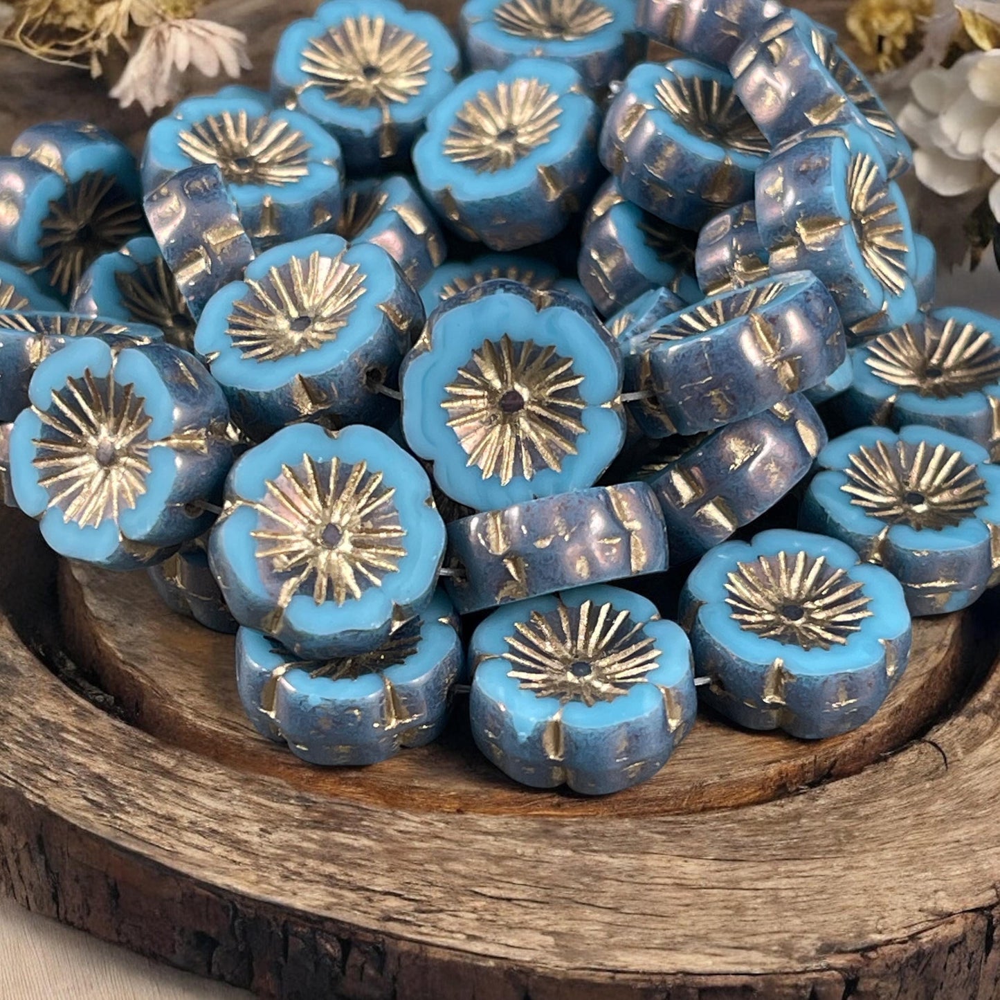 Czech Glass Beads - 14mm Table Cut Hibiscus Flower, Sky Blue with Steel Blue Picasso and Gold Wash (FLH/N-1461) * Qty. 6