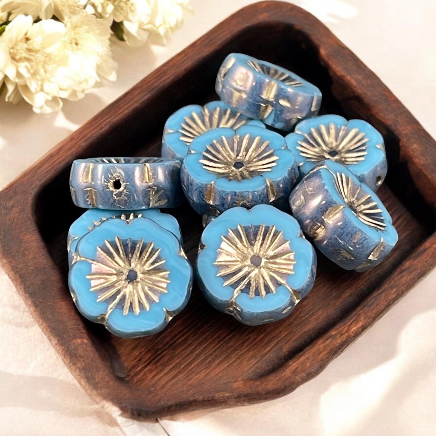 Czech Glass Beads - 14mm Table Cut Hibiscus Flower, Sky Blue with Steel Blue Picasso and Gold Wash (FLH/N-1461) * Qty. 6