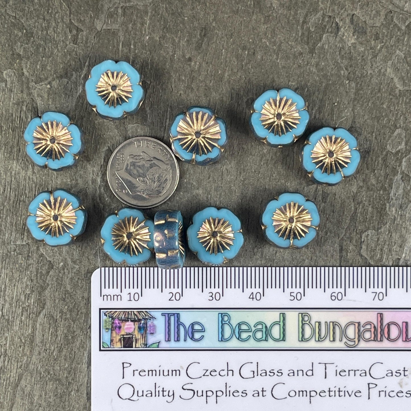 Czech Glass Beads - 14mm Table Cut Hibiscus Flower, Sky Blue with Steel Blue Picasso and Gold Wash (FLH/N-1461) * Qty. 6