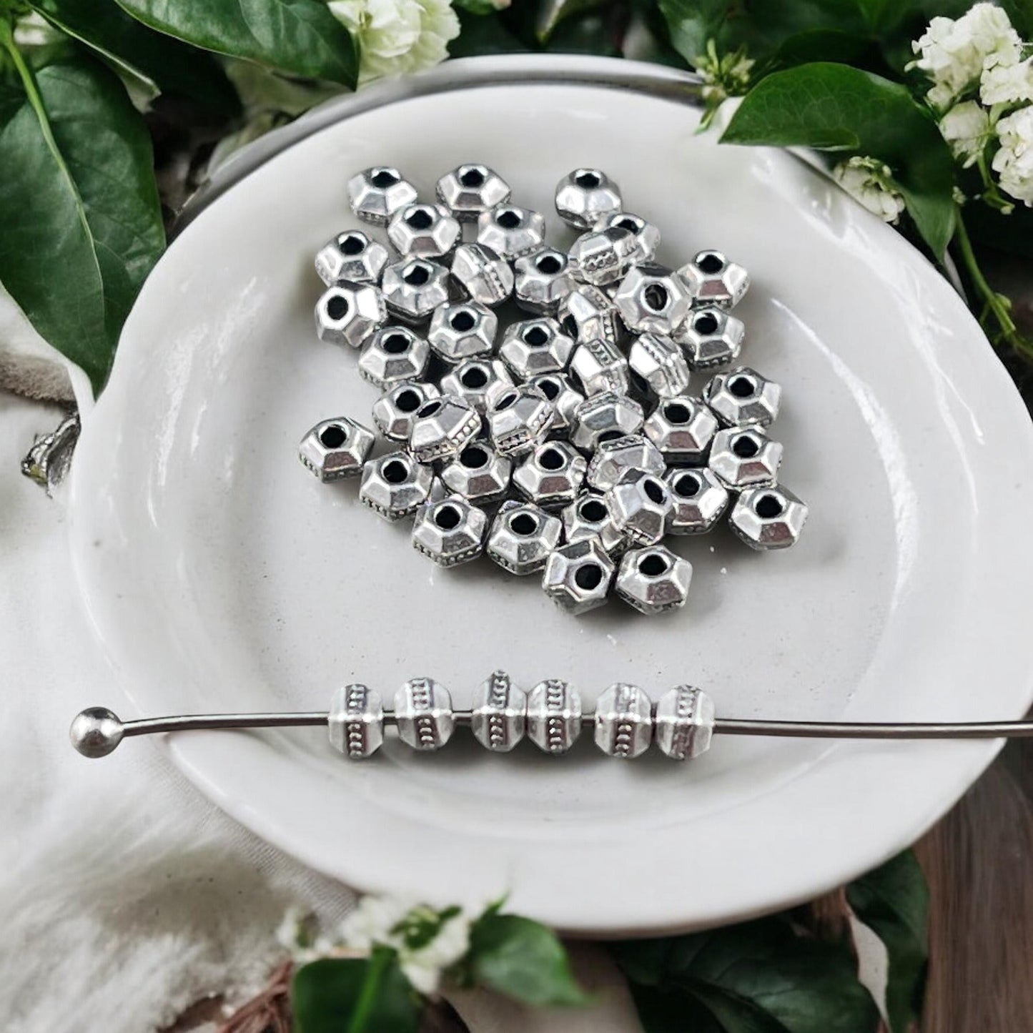 TierraCast 3mm Hexagon Bead, Faceted 3mm Spacer Bead, Tiny Antiqued Silver-Plated Bead (PF/392-77) * Qty. 50