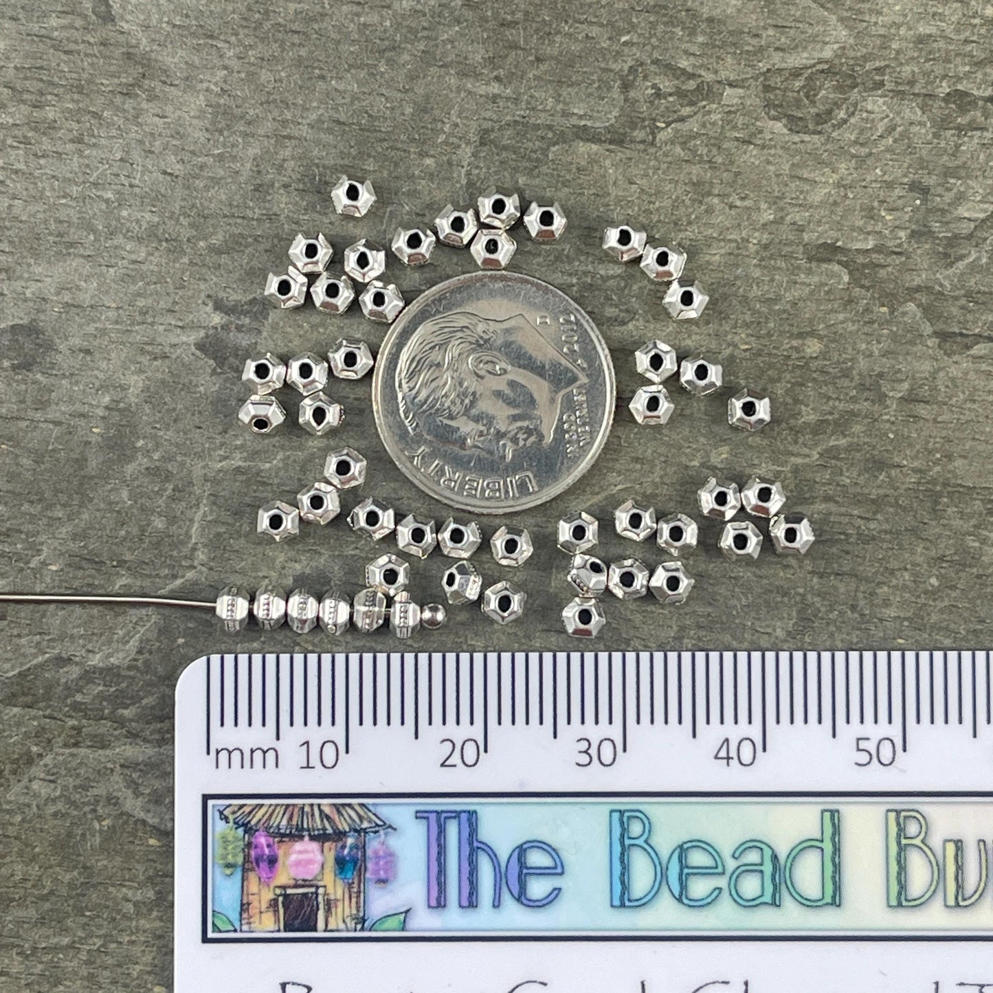 TierraCast 3mm Hexagon Bead, Faceted 3mm Spacer Bead, Tiny Antiqued Silver-Plated Bead (PF/392-77) * Qty. 50