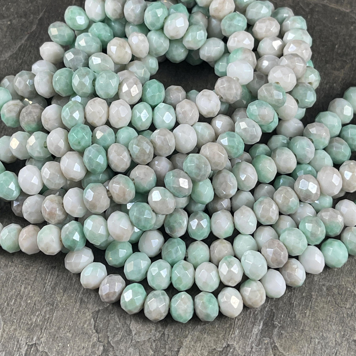 8x6mm Rondelle, Green, White and Gray Faceted Glass Beads (Green/Gray-8) * 60 Beads